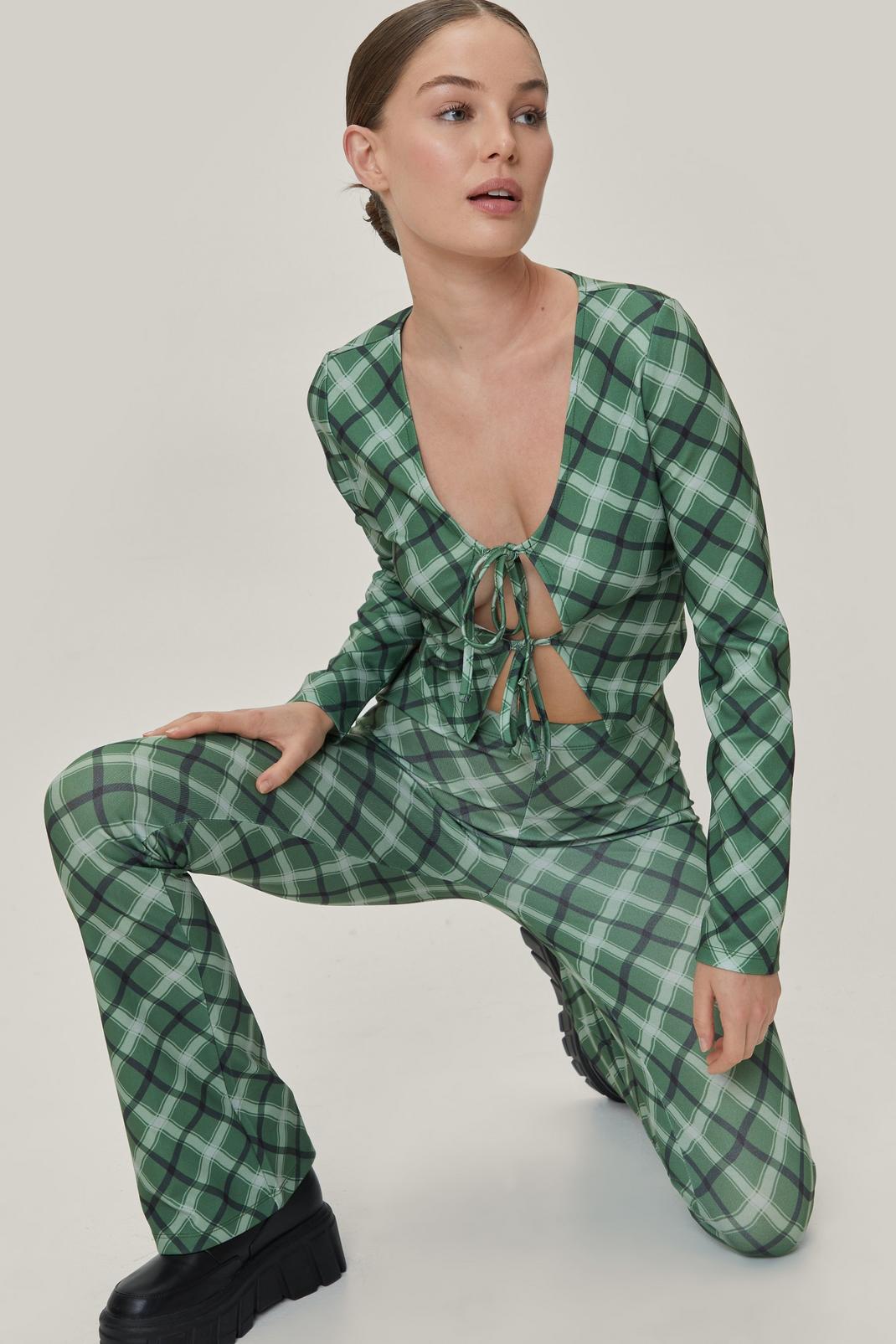 Green Check Printed Ponte Skinny Flared Trousers image number 1
