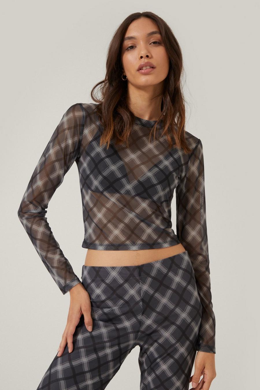 Printed Cropped Crew Neck Mesh Top