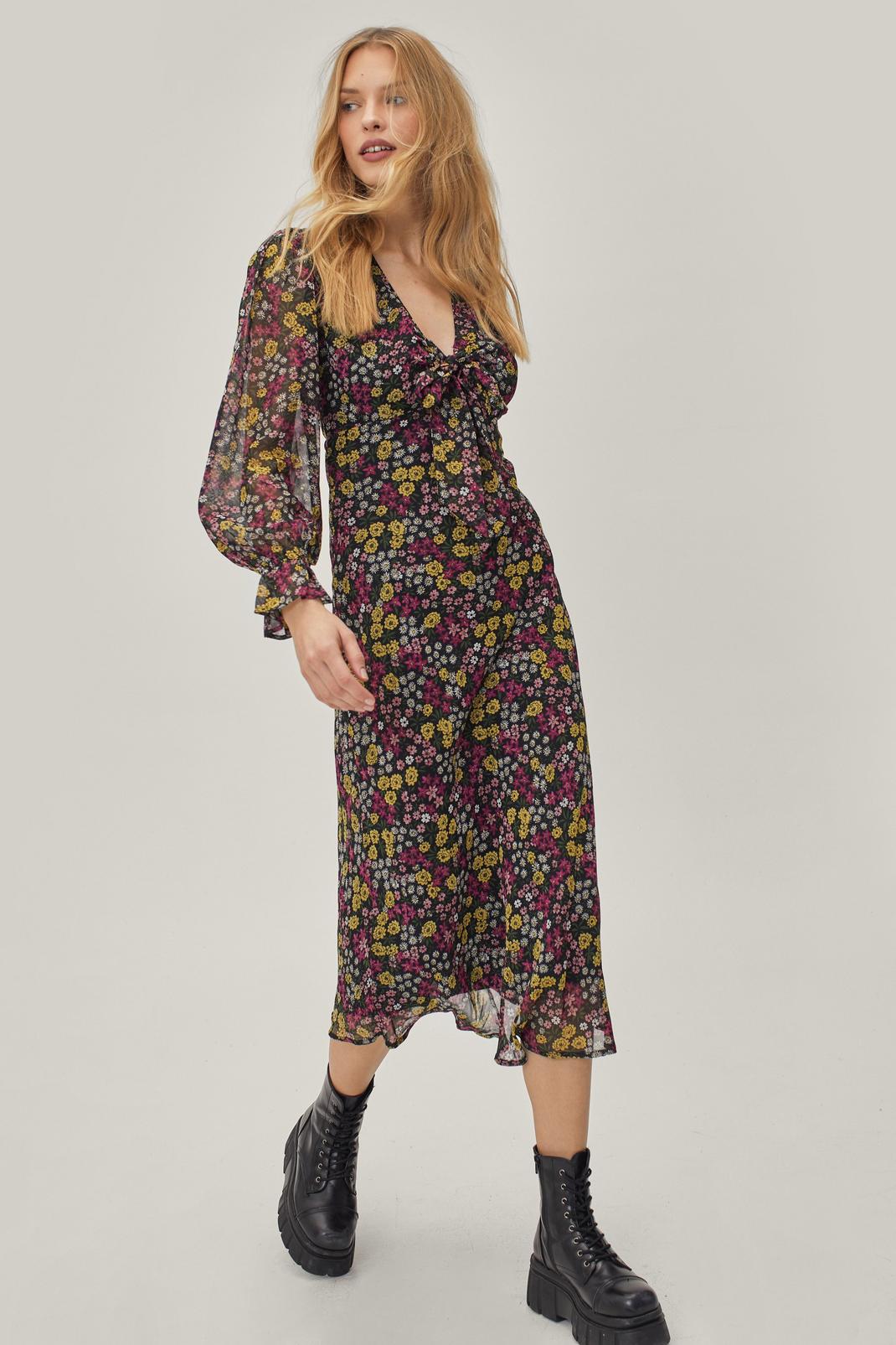 105 Tie Front Ditsy Printed Midi Dress image number 2