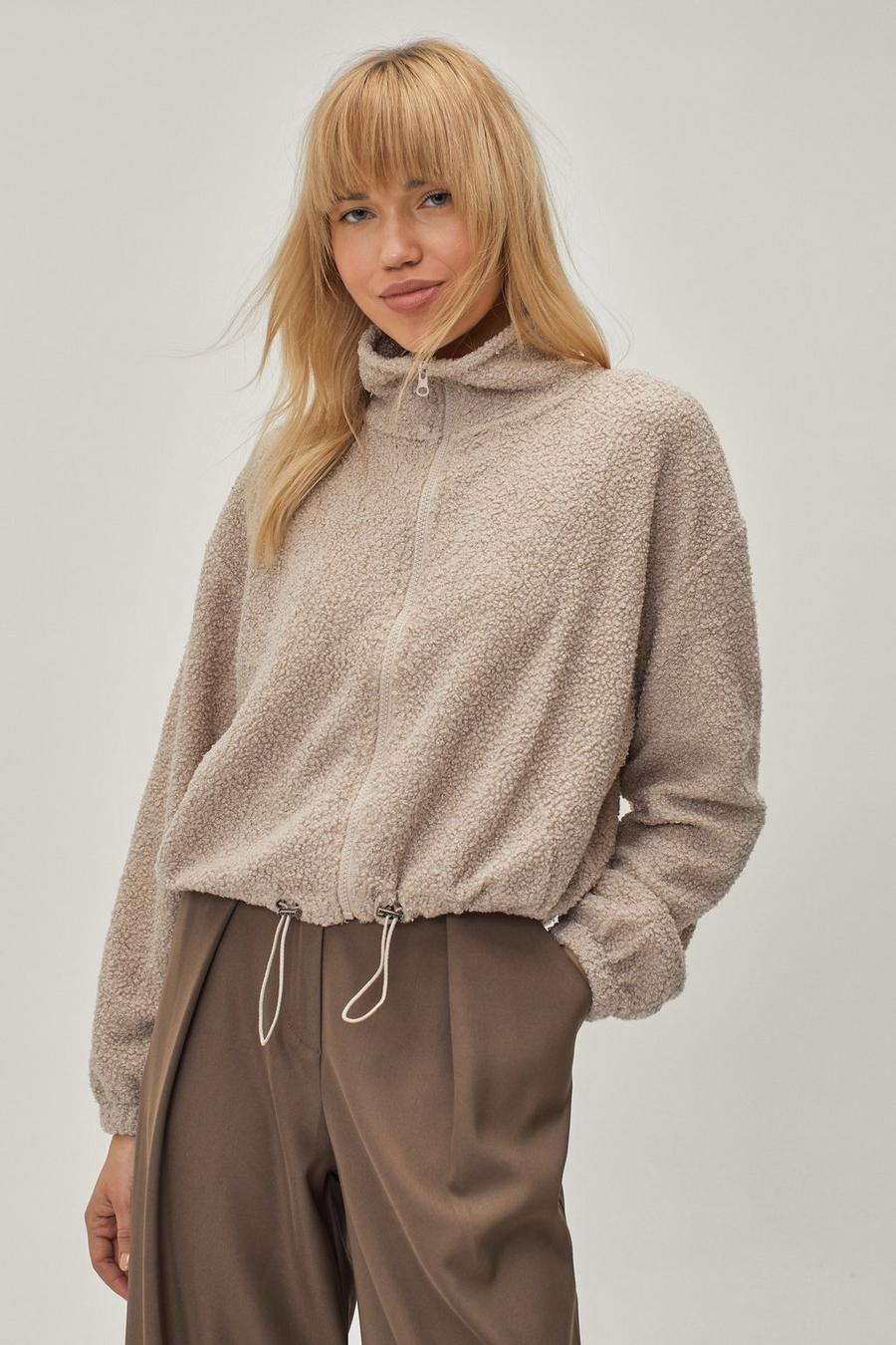 Cropped Borg Zip Up Sweater