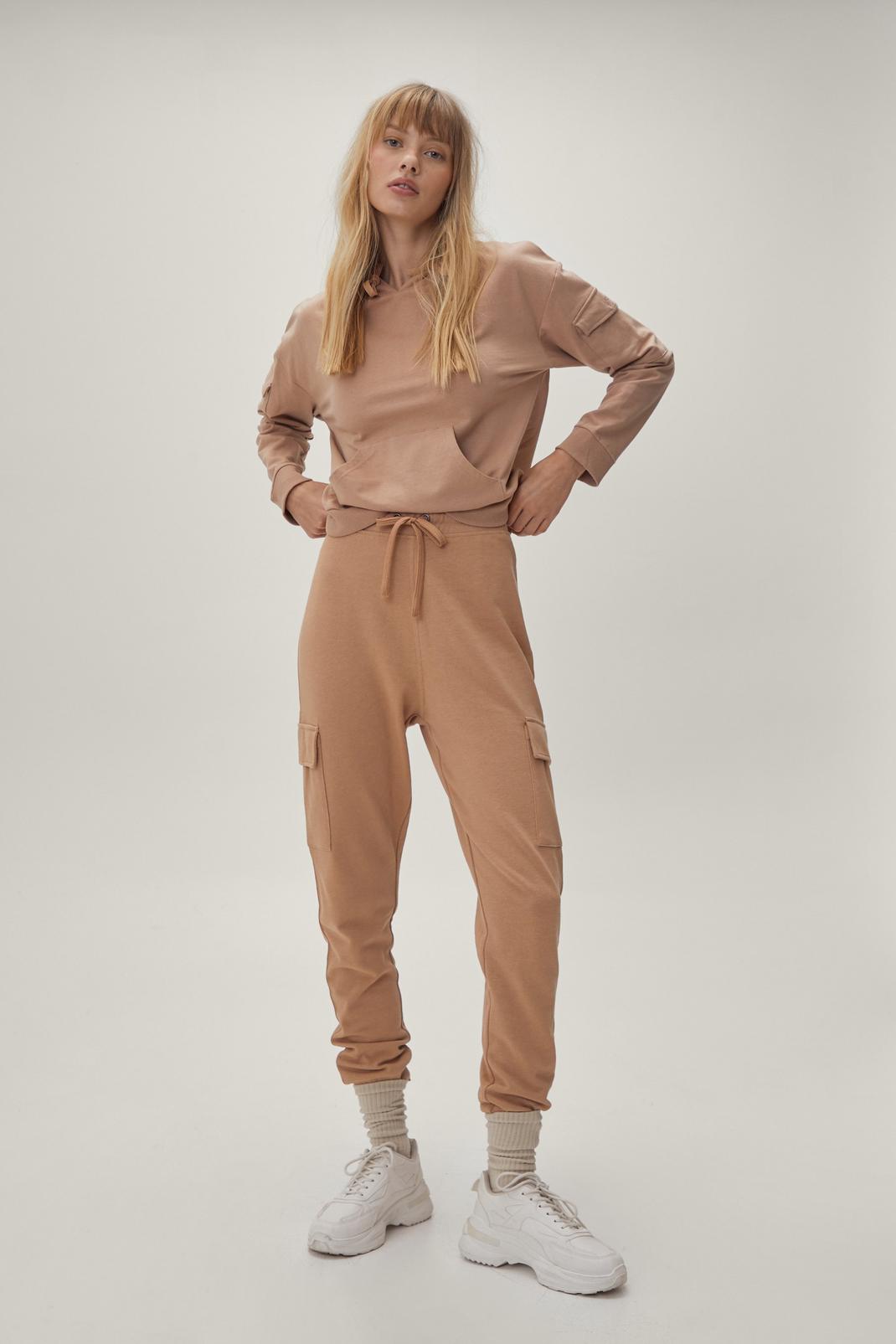 Beige High Waisted Jersey Cuffed Joggers image number 1