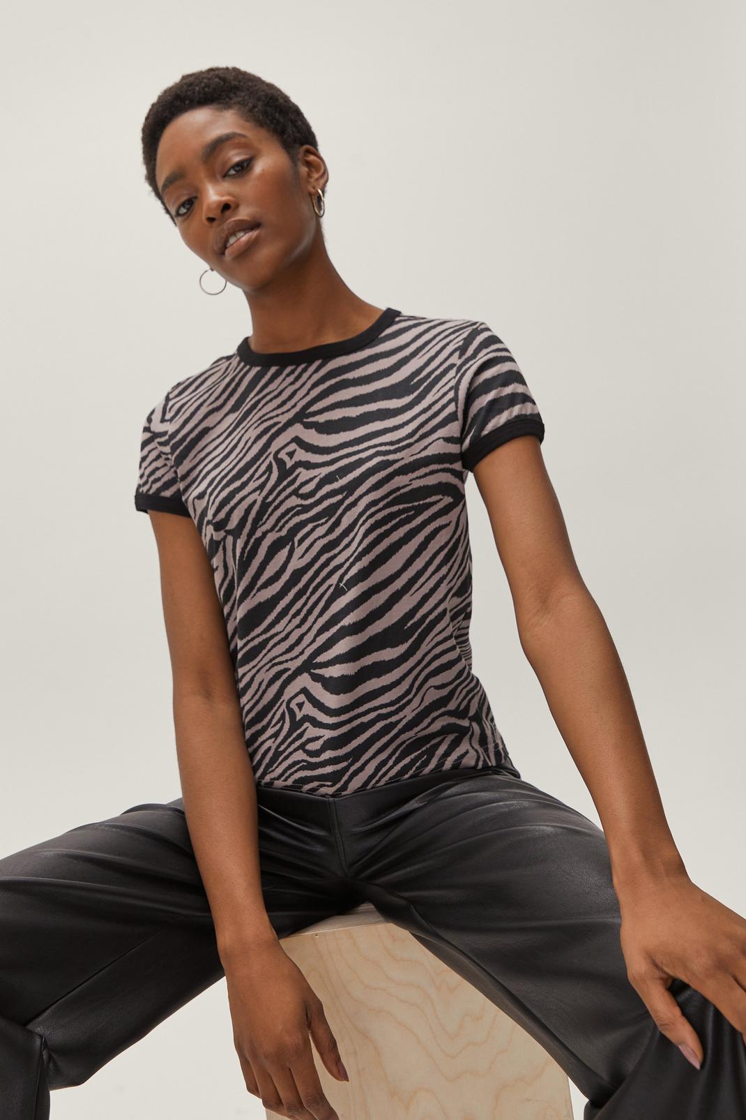 Black Zebra Print Short Sleeve Ringer T-Shirt image number 1