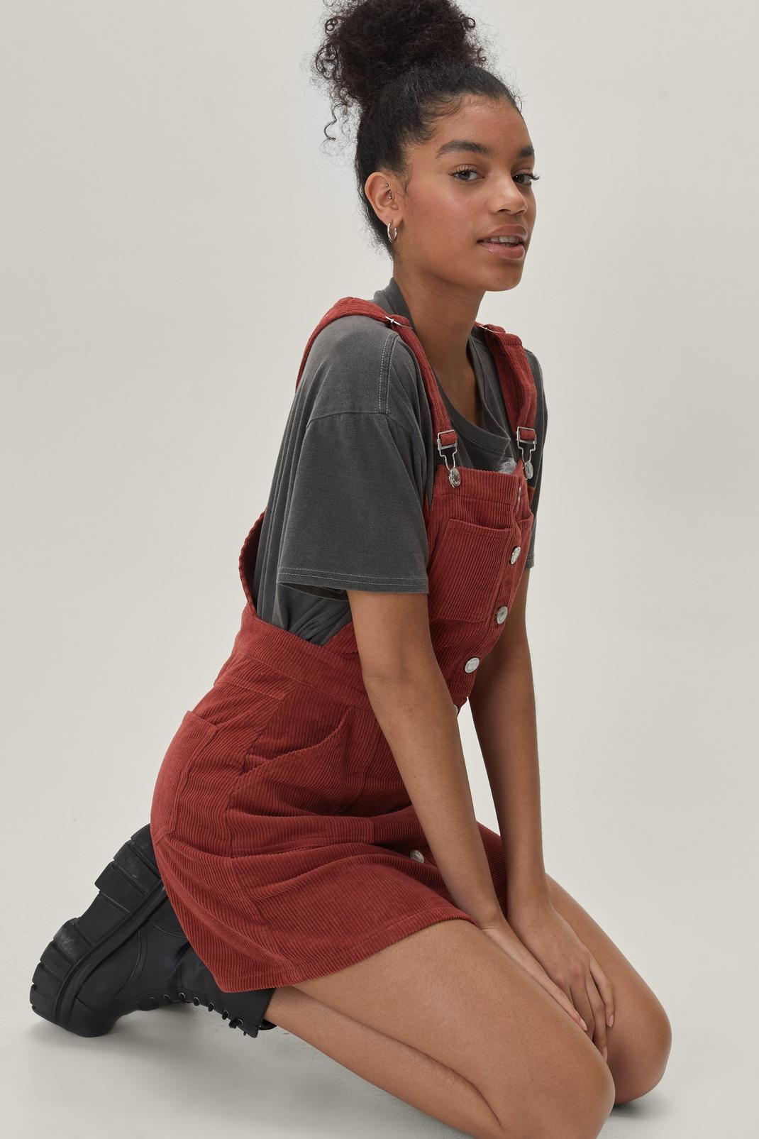 Rust Corduroy Button Down Mini Pinafore Dress image number 1