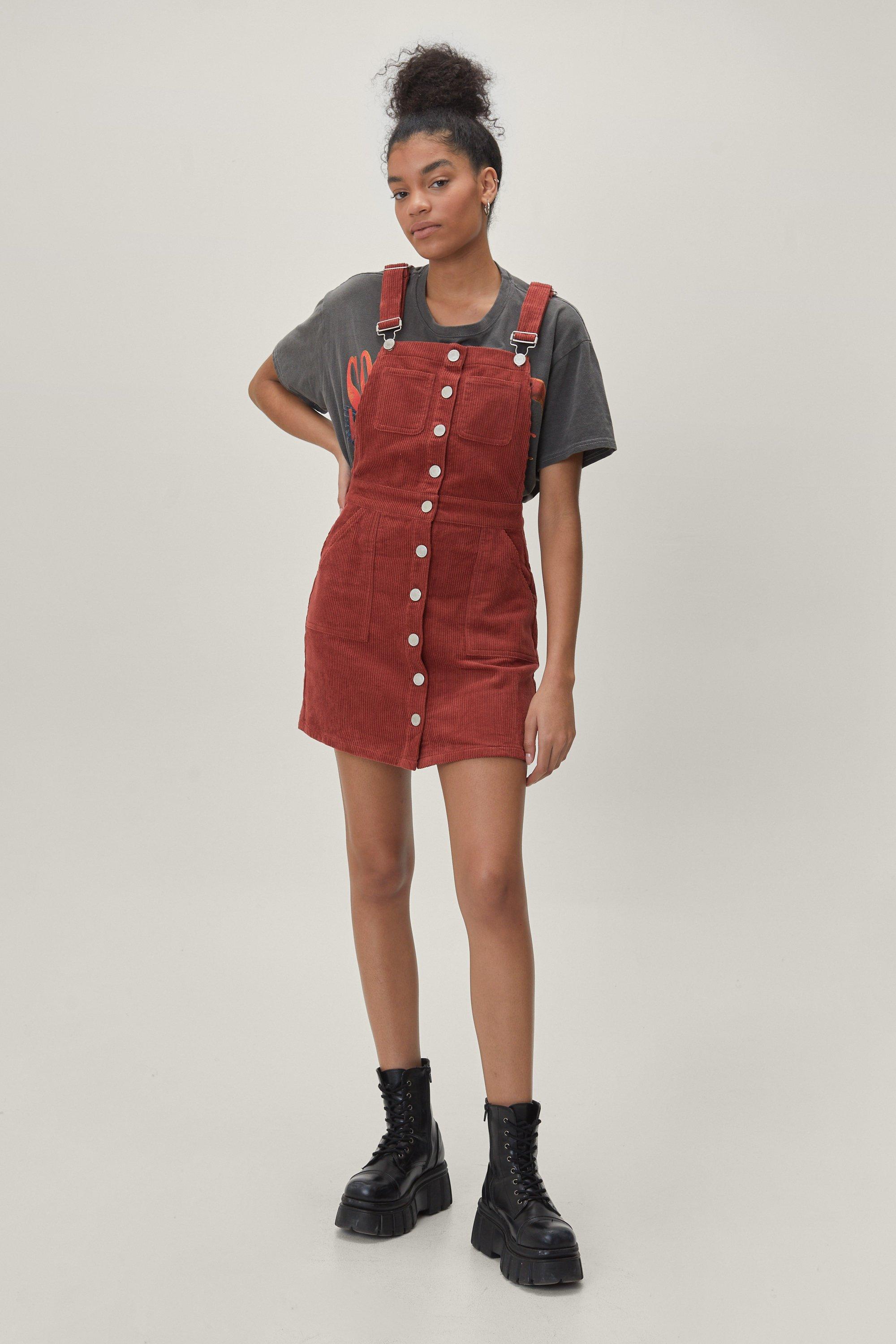 Corduroy Button Down Mini Pinafore Dress