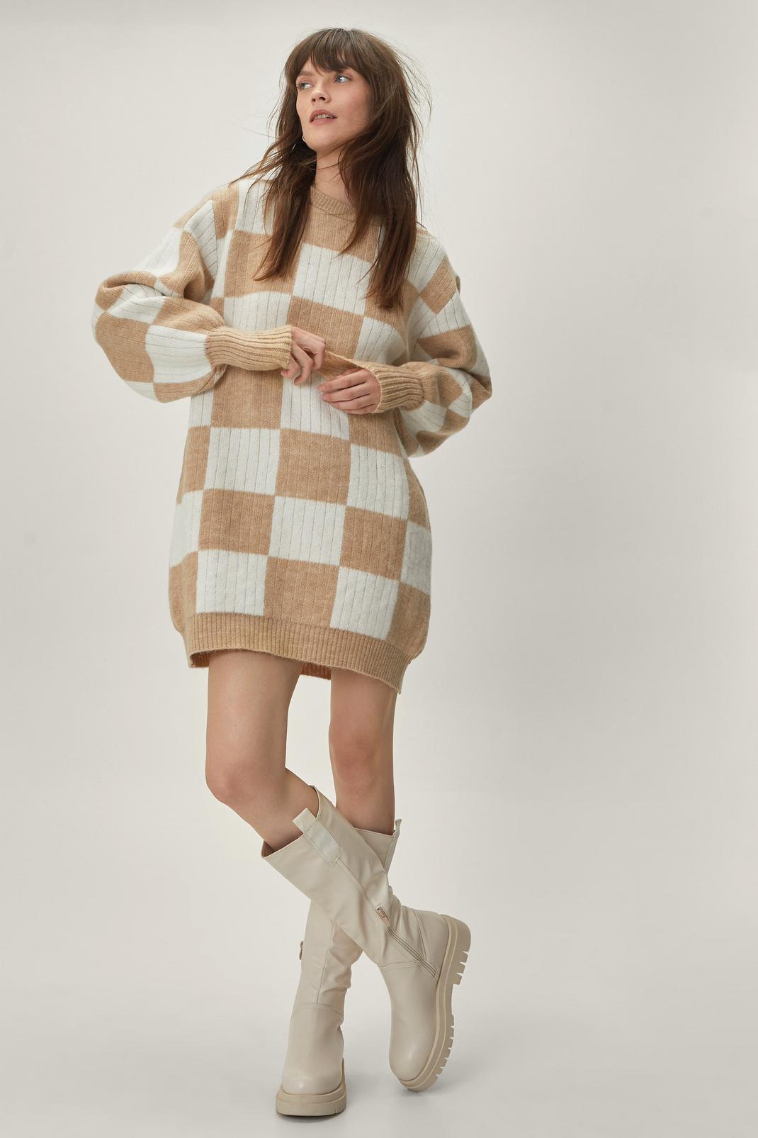 Tan Checkerboard Sweater Dress image number 1