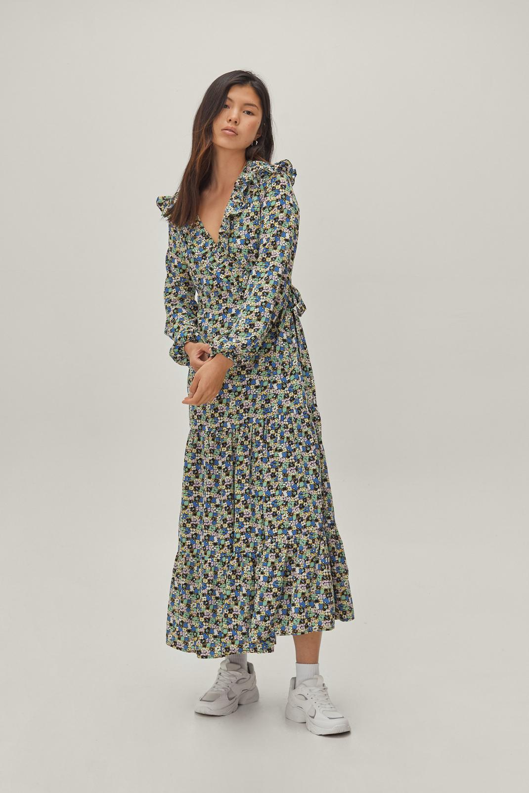 106 Floral Frill Detail Maxi Wrap Dress image number 1