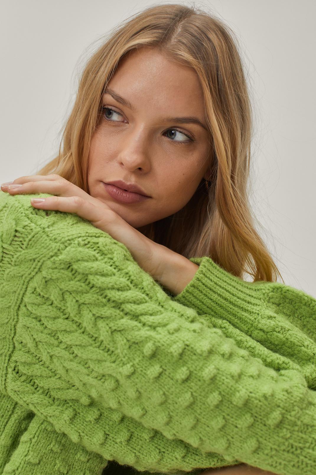 Green Cable Knit Popcorn Oversized Sweater image number 1