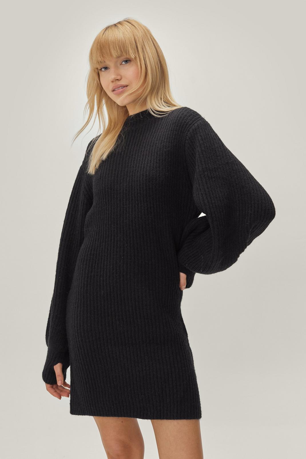 Black Bodycon Puff Sleeve Mini Sweater Dress image number 1
