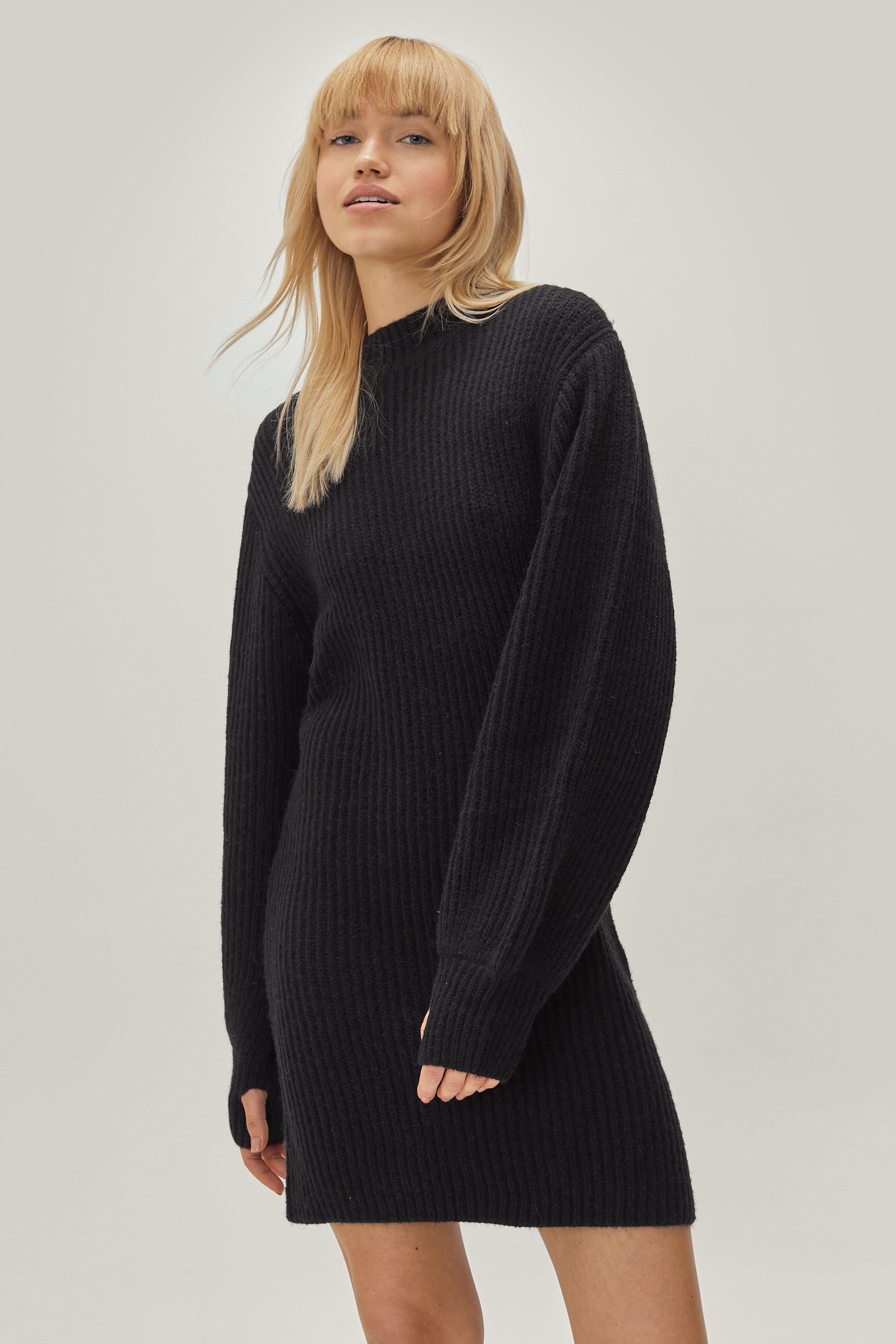 Ribbed Knit Sweater Dress with Puffed Sleeves