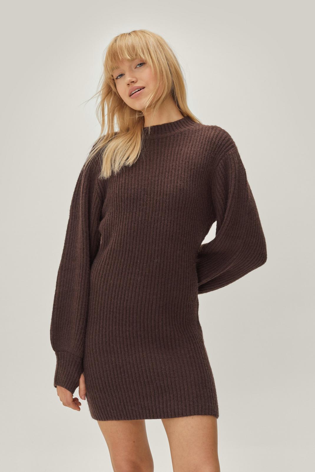 Chocolate Bodycon Puff Sleeve Mini Sweater Dress image number 1