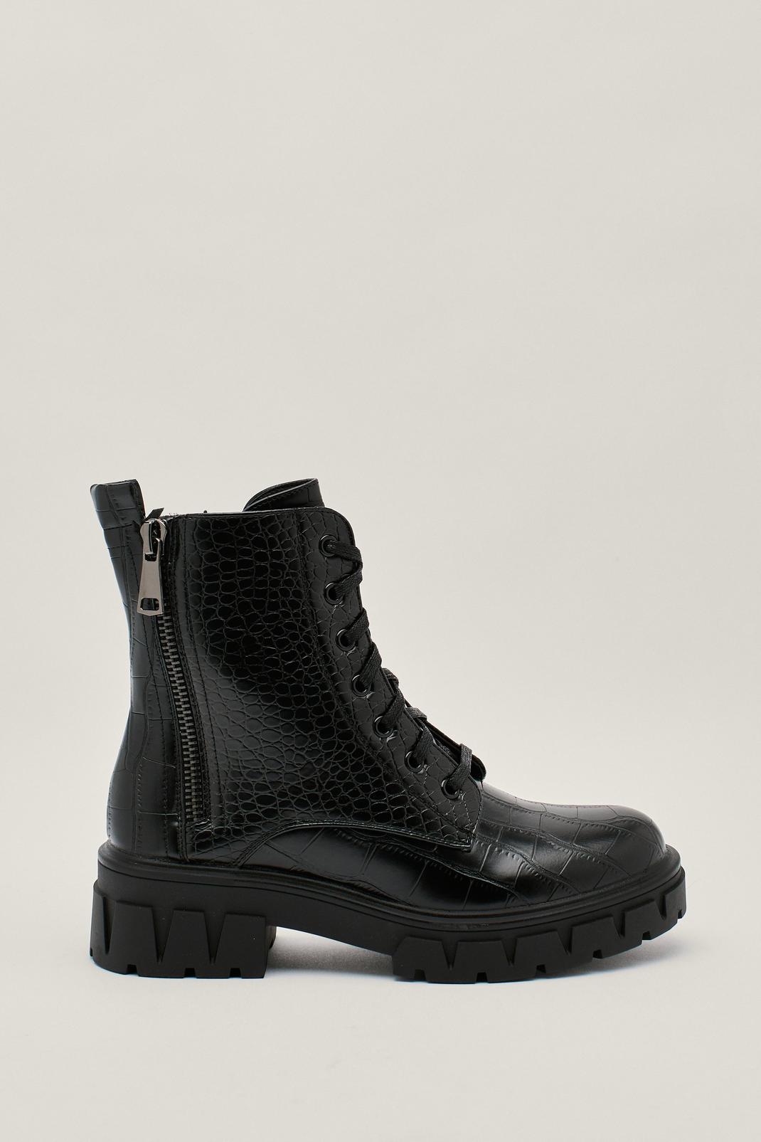 Black Faux Croc Side Zip Chunky Hiker Boots image number 1