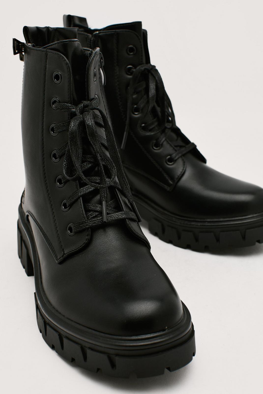 Black Faux Leather Side Zip Chunky Hiker Boots image number 1