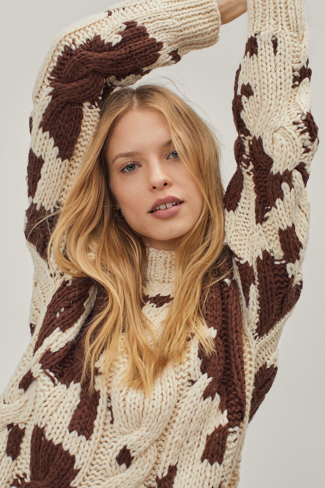 Brown Handknitted Cow Print Oversized Jumper image number 1
