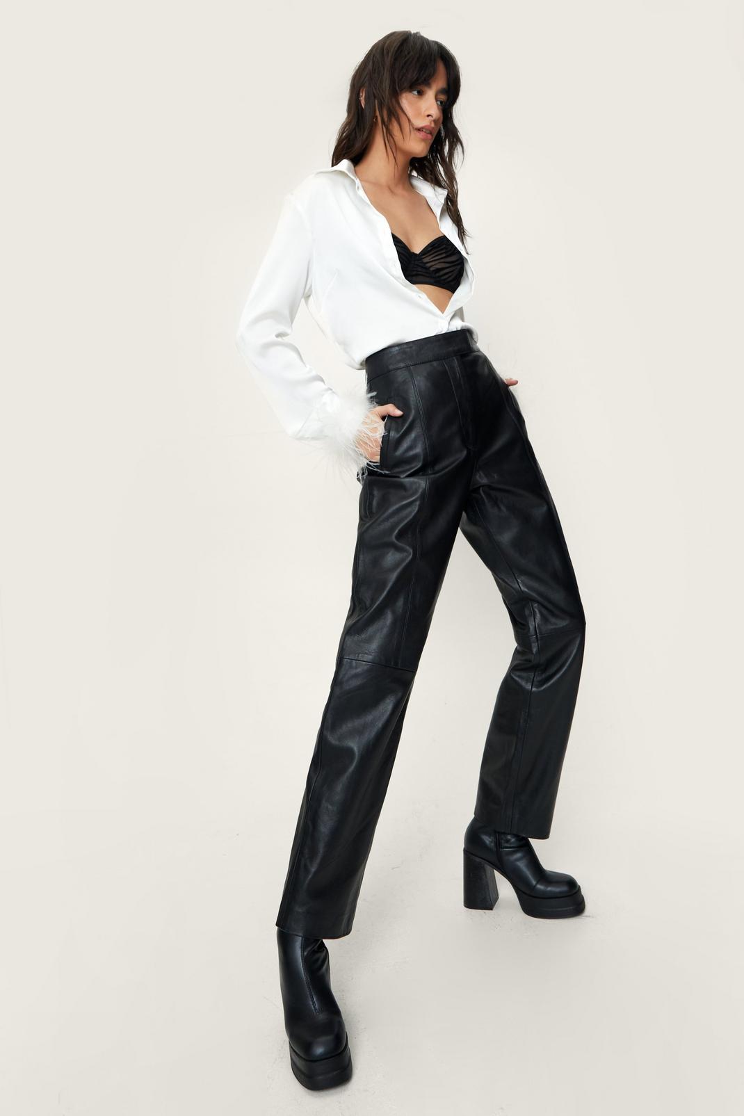 Pantalon coupe droite à taille haute en cuir véritable, Black image number 1