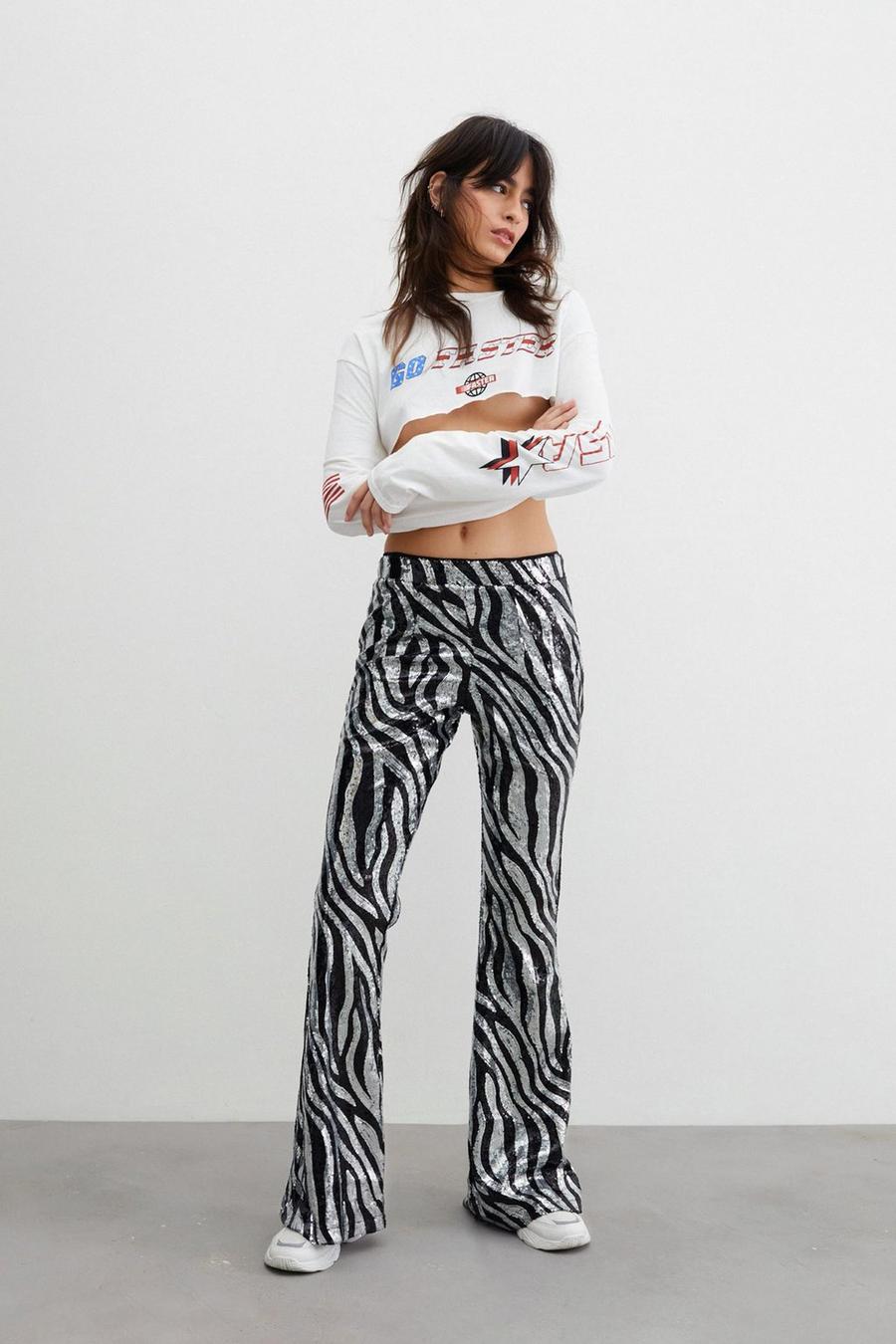 Sequin Fit and Flared Zebra Print Trousers