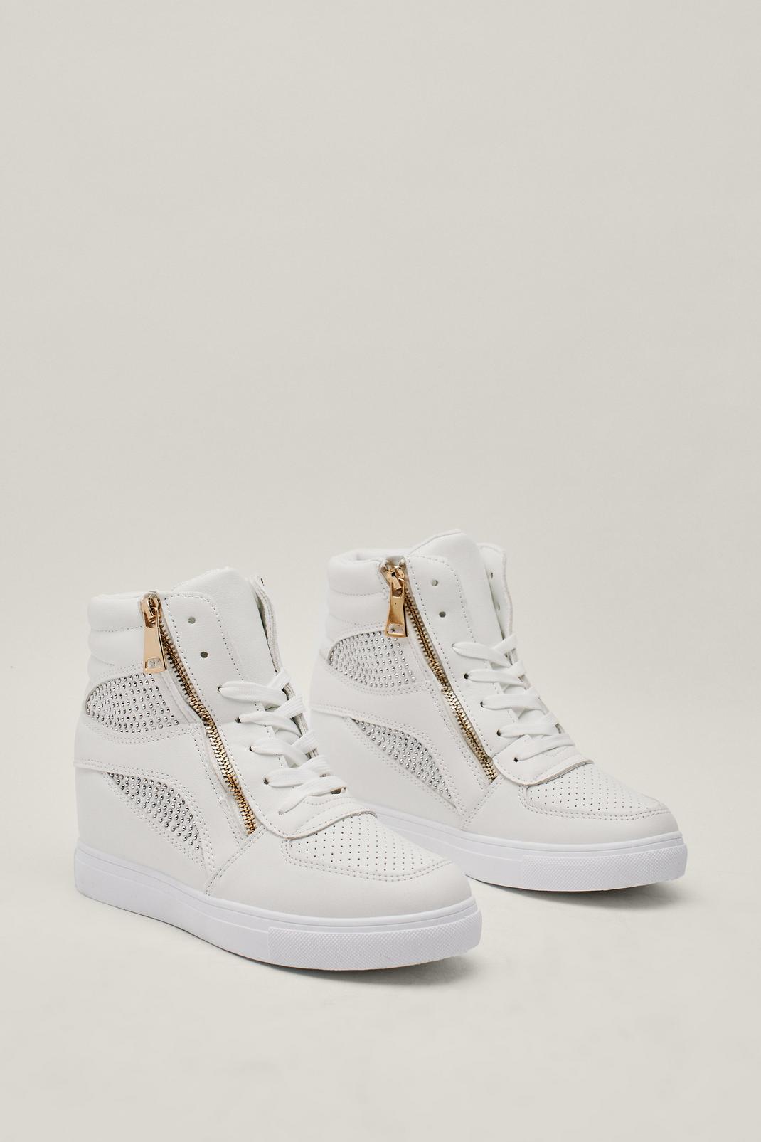 White High Top Diamante Zip Up Sneakers image number 1