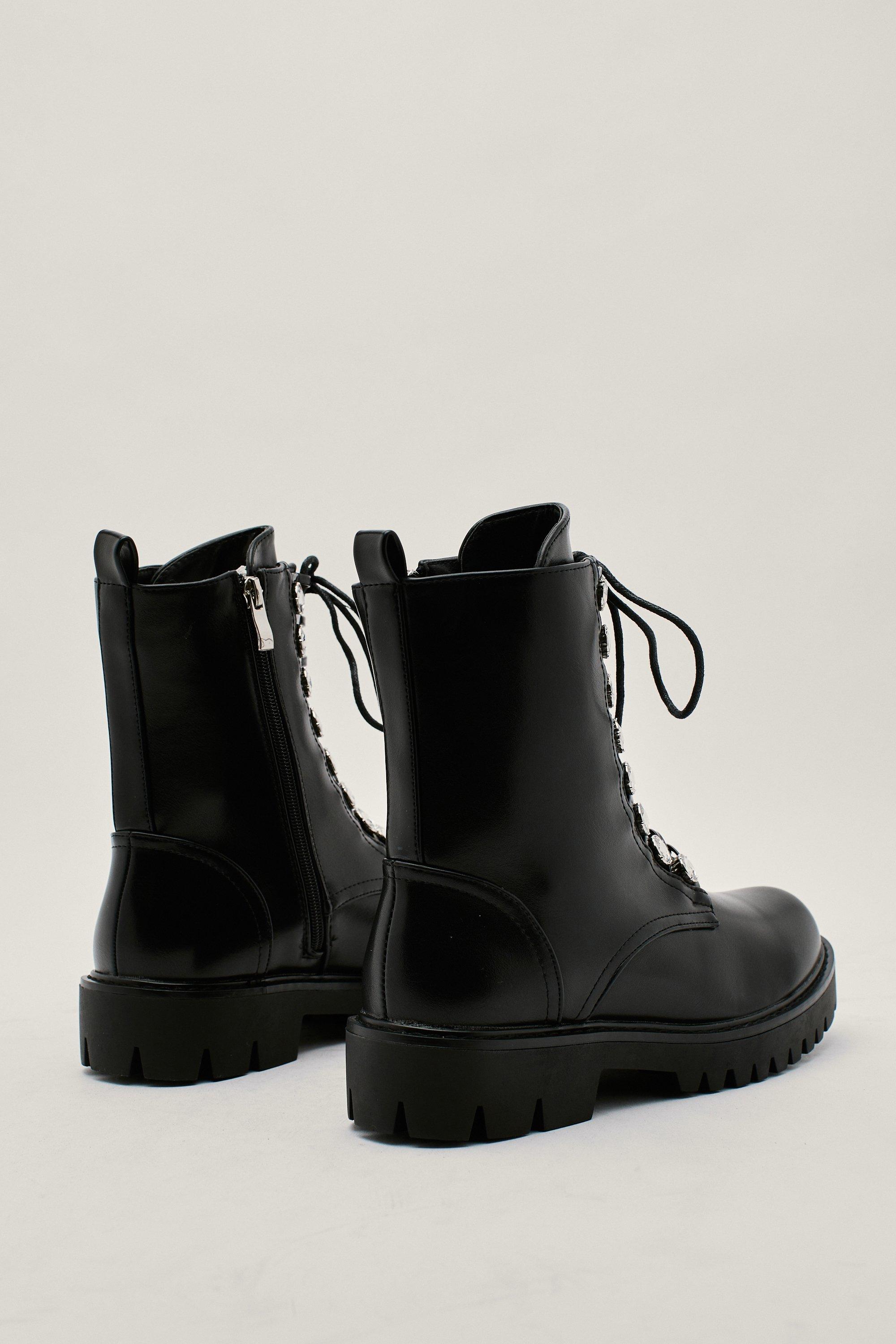 Faux Leather Diamante Biker Boots