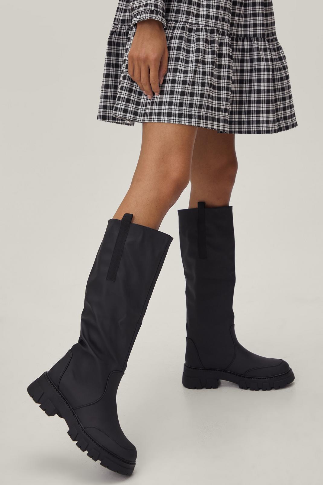 Black Knee High Rubberised Rain Boots image number 1