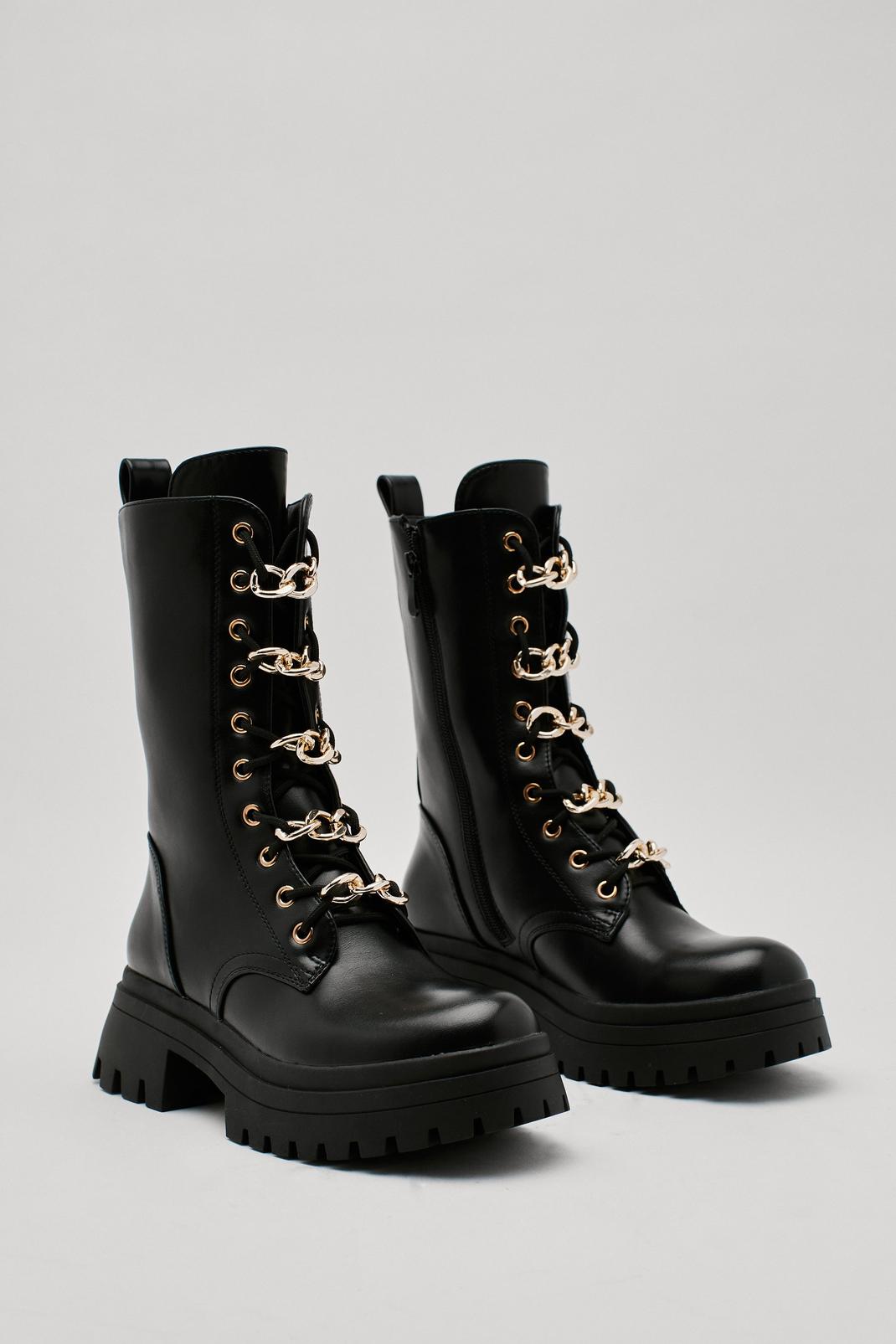 Black Chain Lace Chunky Biker Boots image number 1