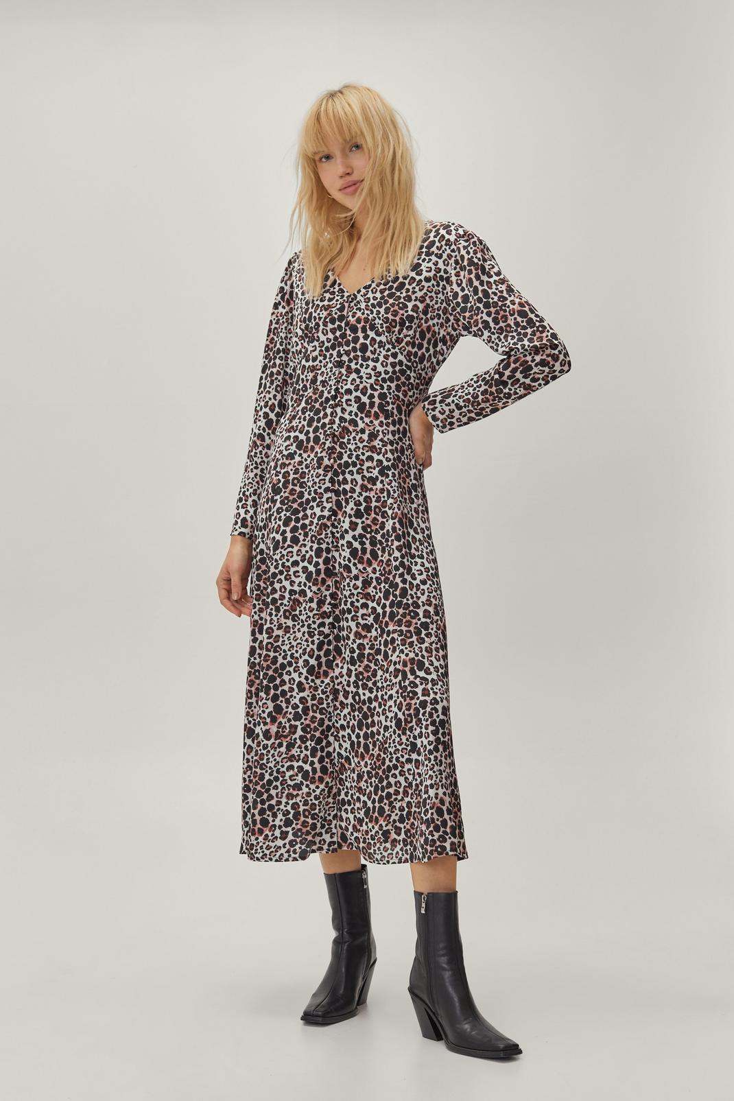 V Neck Button Down Leopard Print Midi Dress image number 1