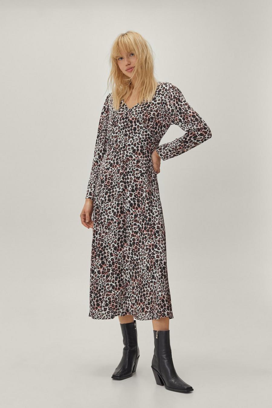 V Neck Button Down Leopard Print Midi Dress