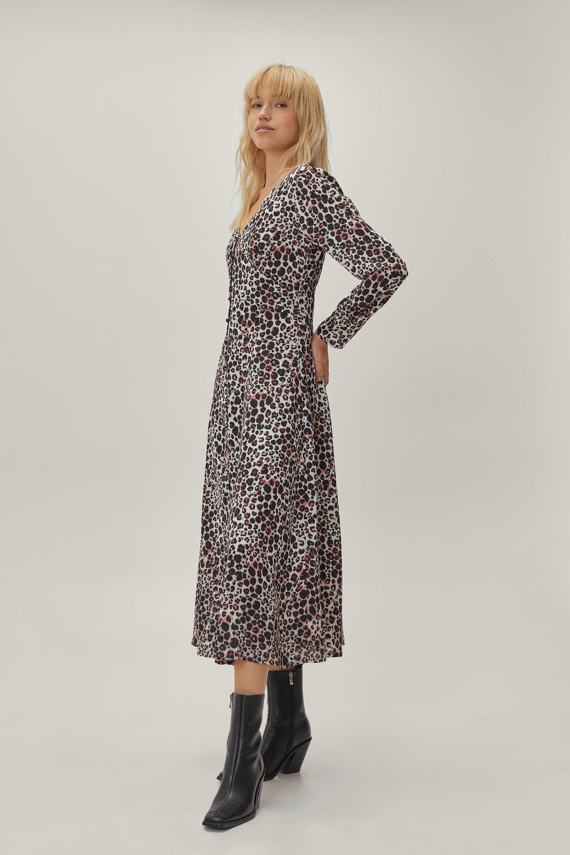 Leopard stripe button outlet front midi dress