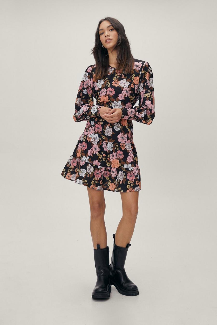 Floral Print Tiered Cut Out Mini Smock Dress