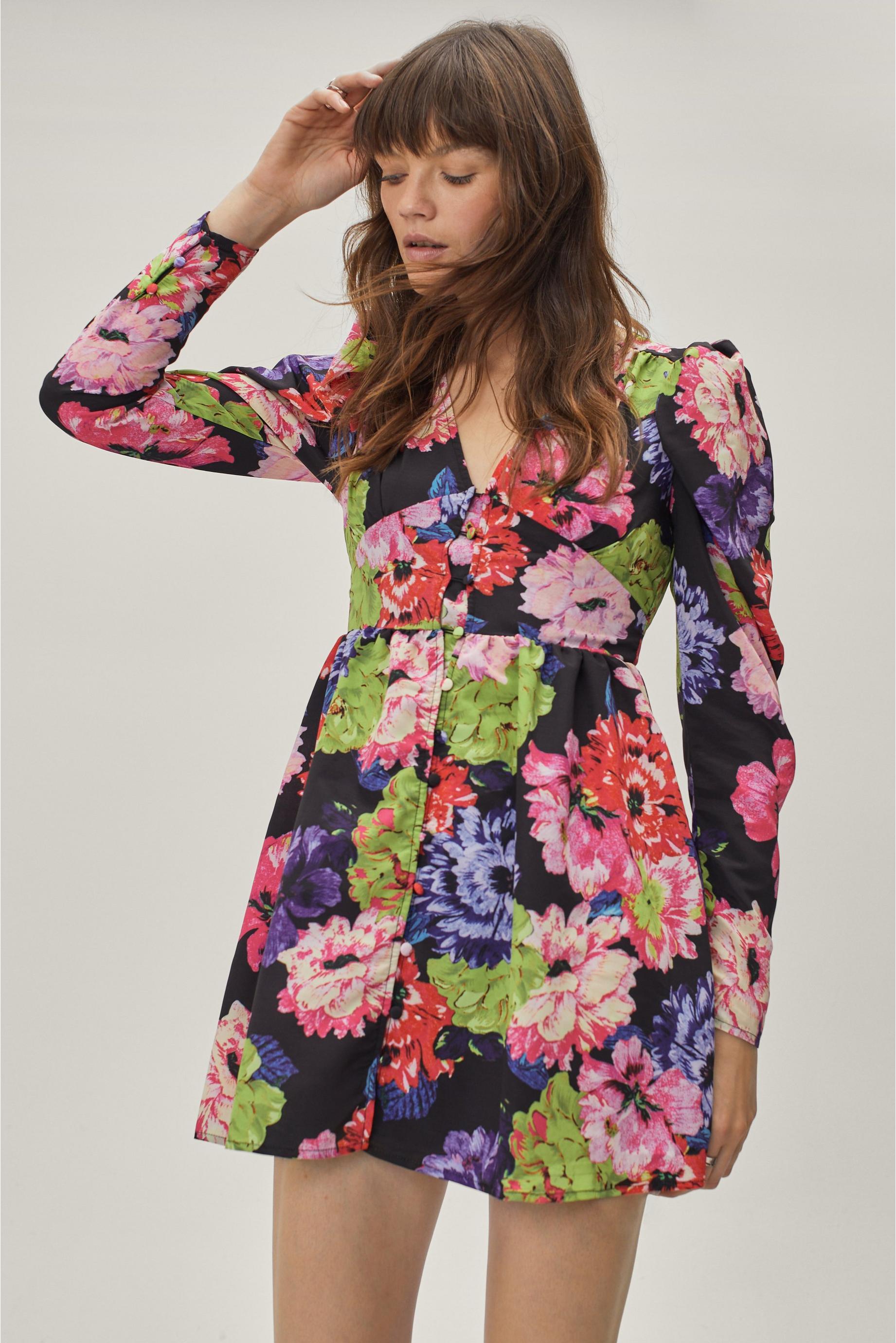 Vibrant Floral Print Puff Sleeve Mini Dress