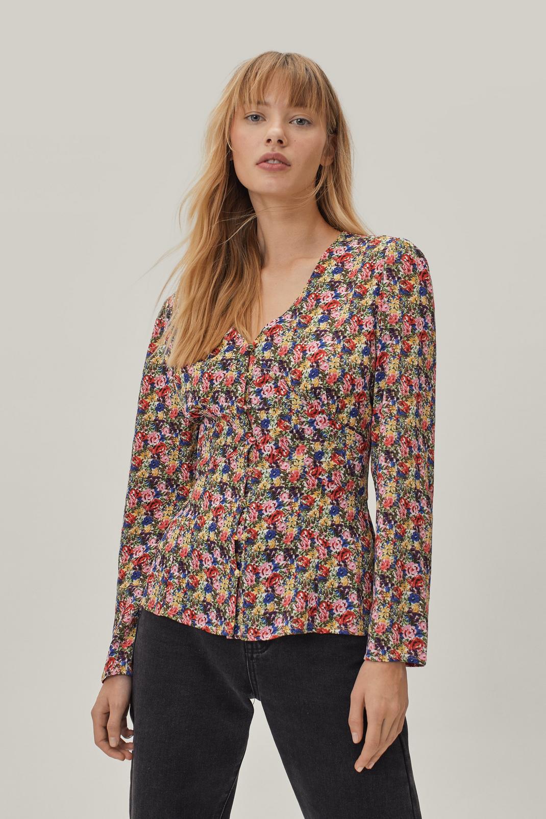 Yellow Long Sleeve Button Down Vibrant Floral Blouse image number 1