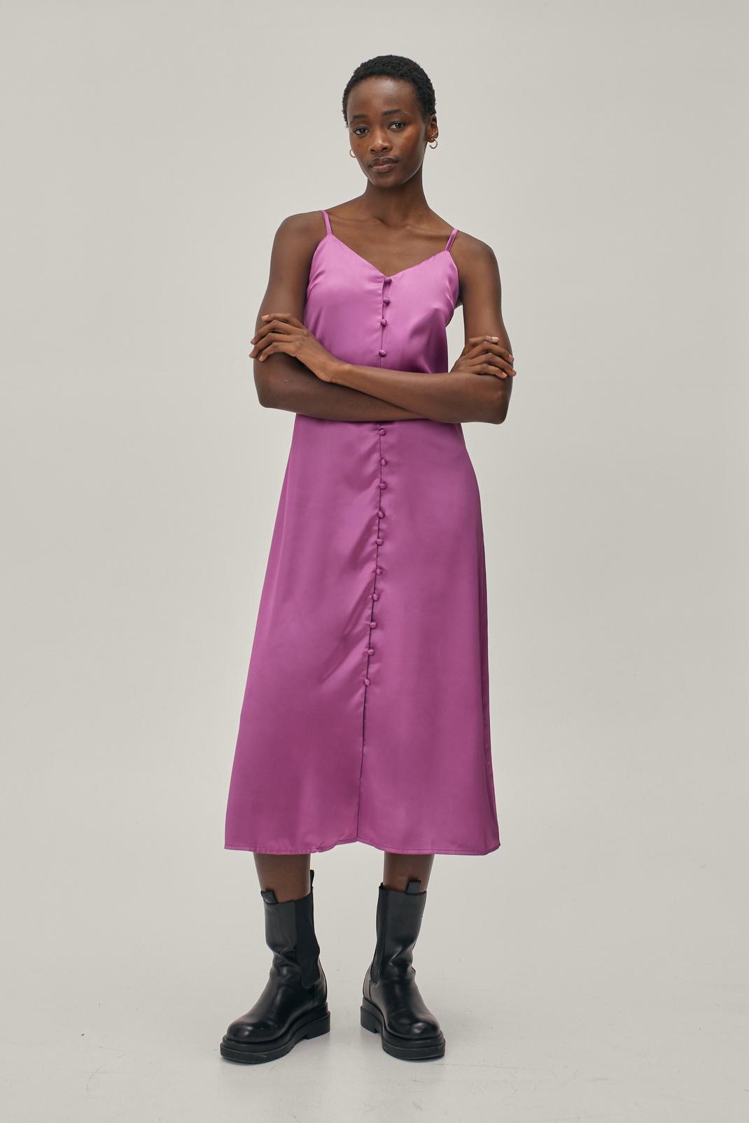 Pink Button Down V Neck Satin Midi Slip Dress image number 1