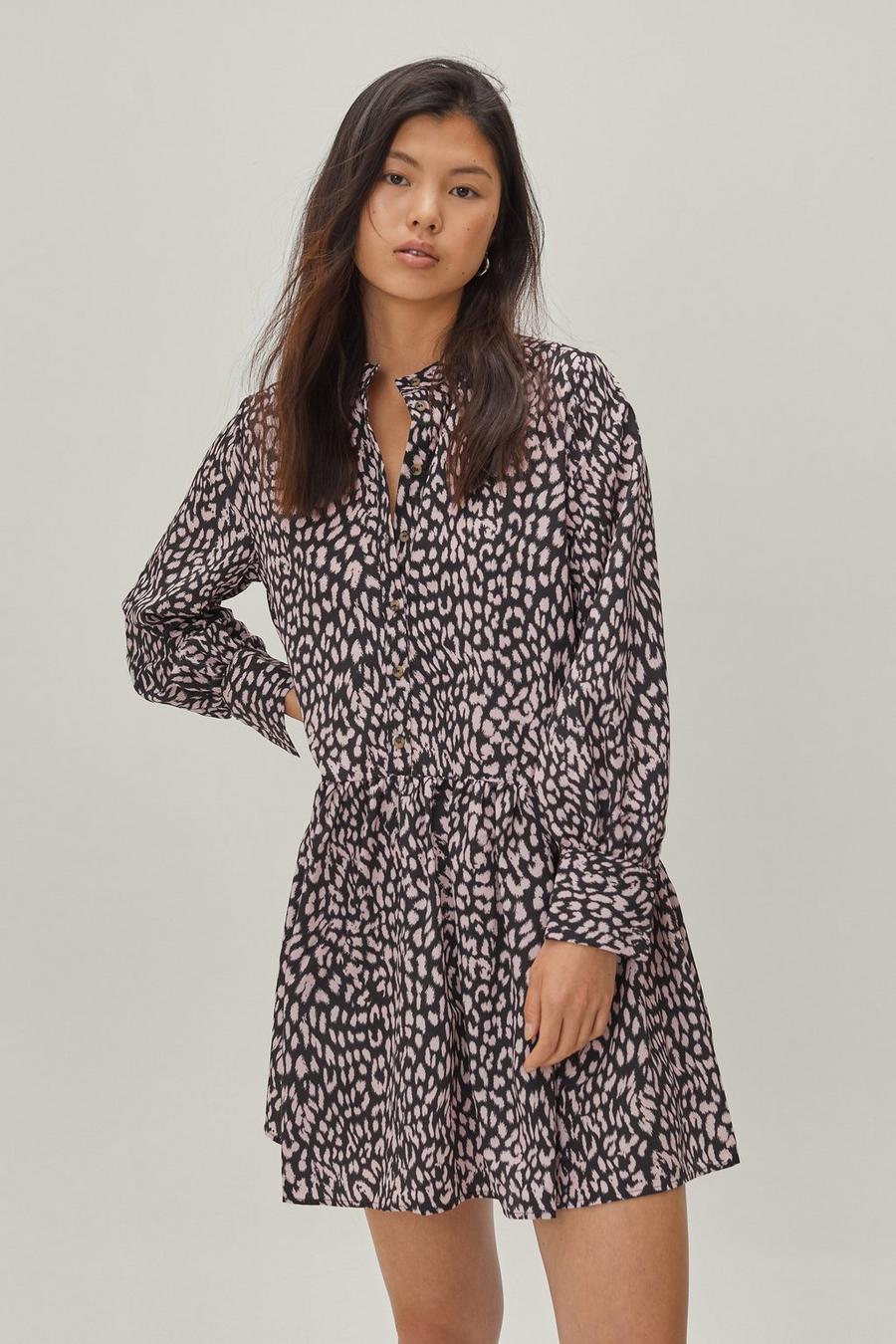 Leopard Print Mini Smock Shirt Dress