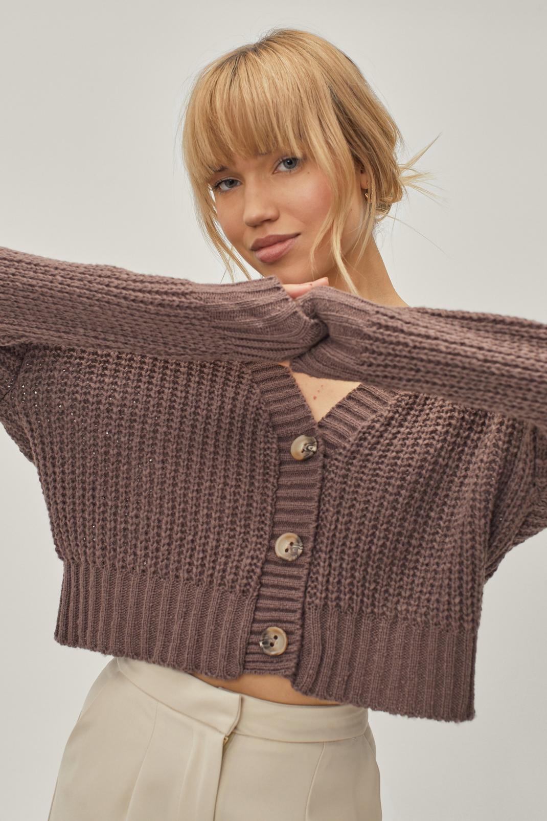 Mink Chunky Knit Cropped Cardigan image number 1