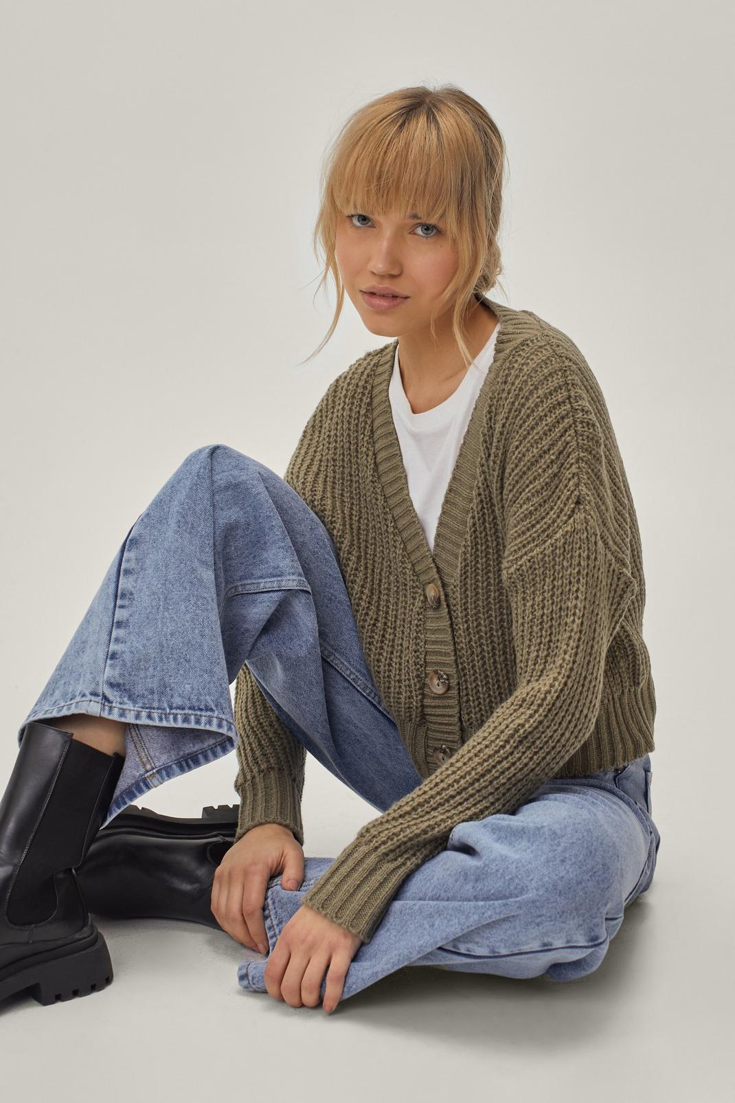 Olive Chunky Knit Cropped Cardigan image number 1