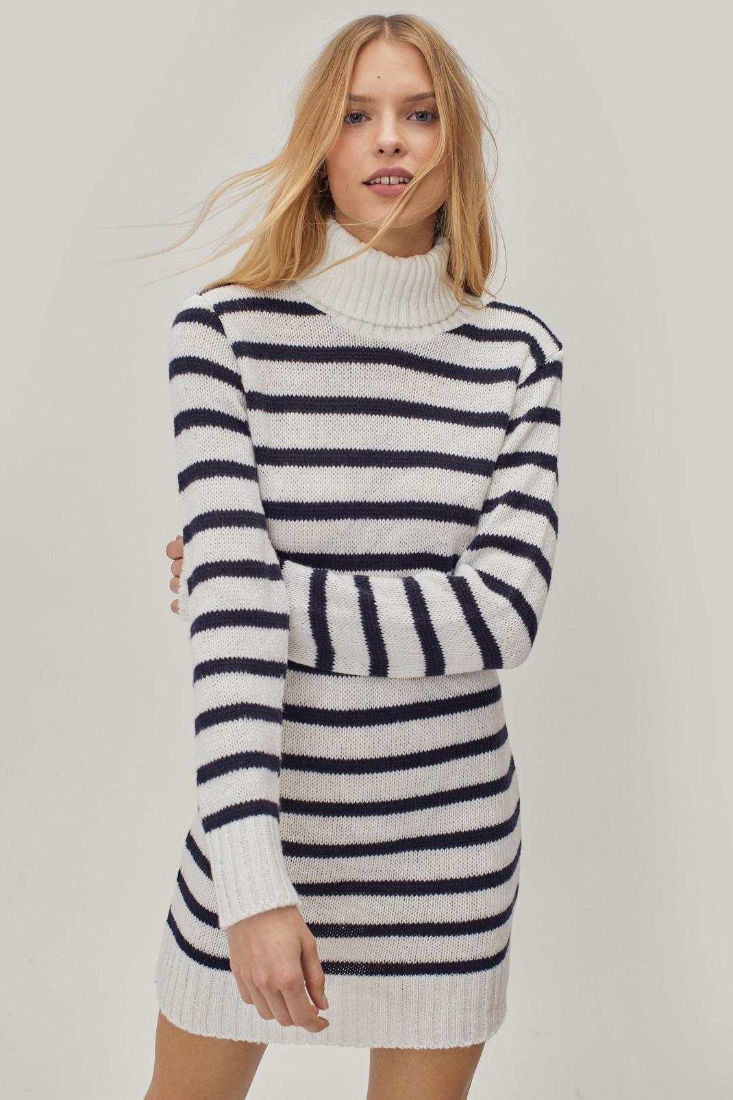 White Knitted Stripe Roll Neck Mini Sweater Dress image number 1