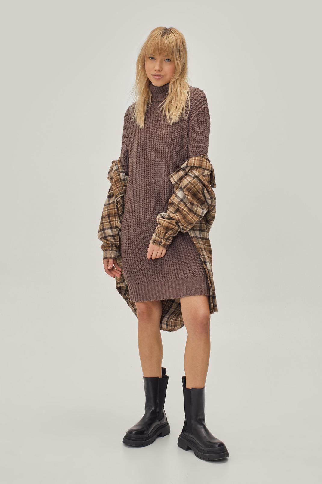 Mink Roll Neck Knitted Long Sleeve Mini Sweater Dress image number 1