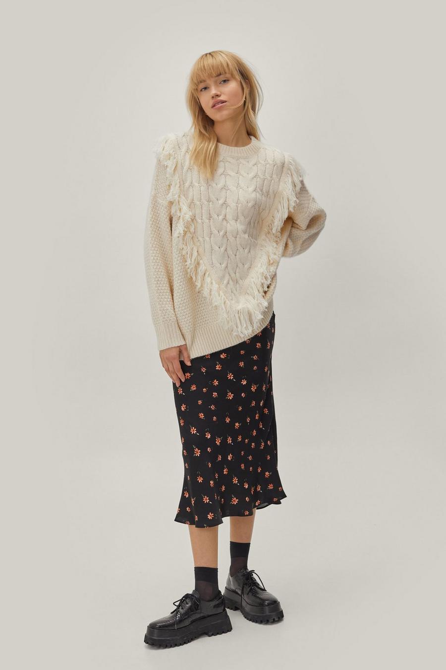 Cable Knit Fringe Detail Oversized Sweater