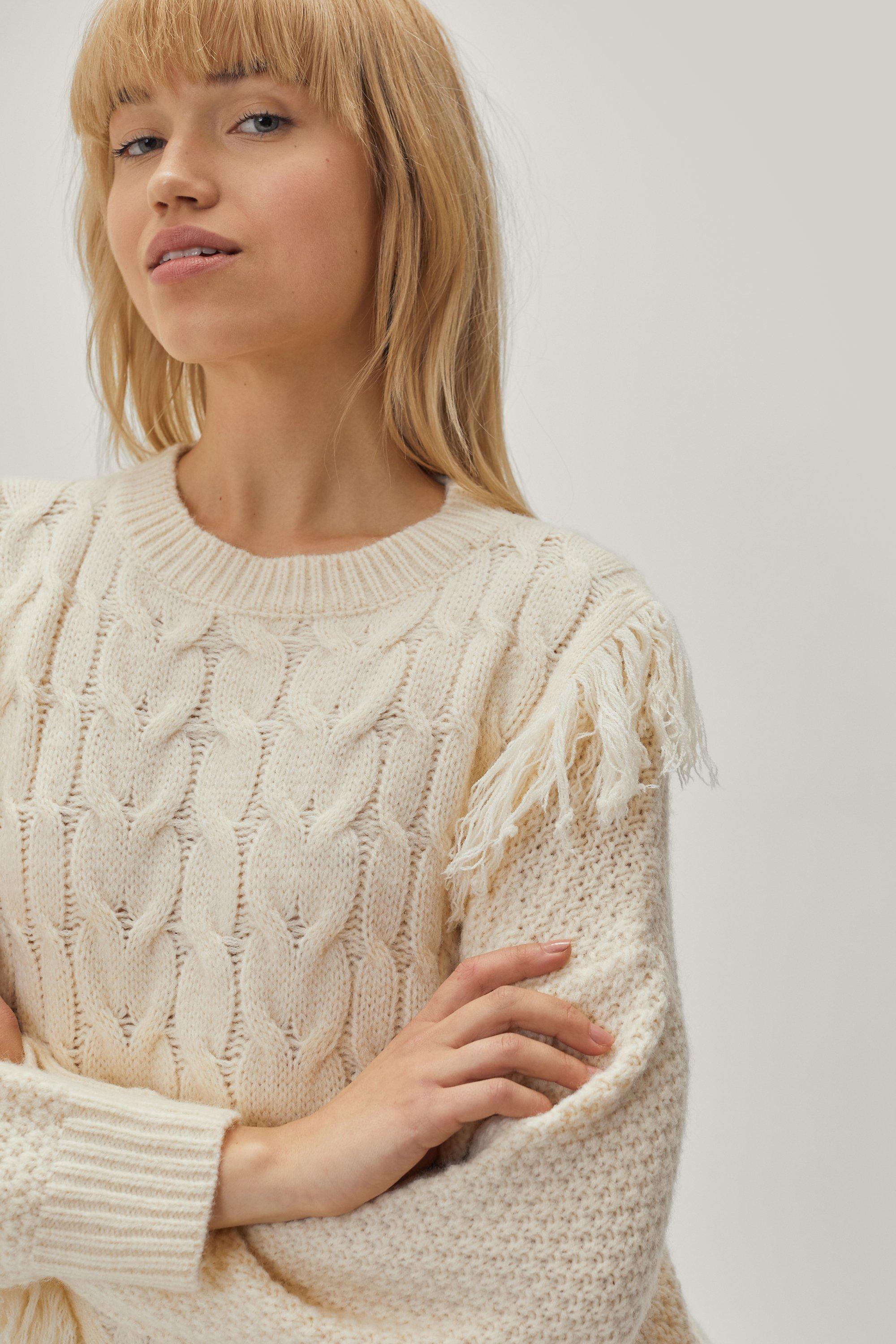 Cable Knit Fringe Detail Oversized Sweater