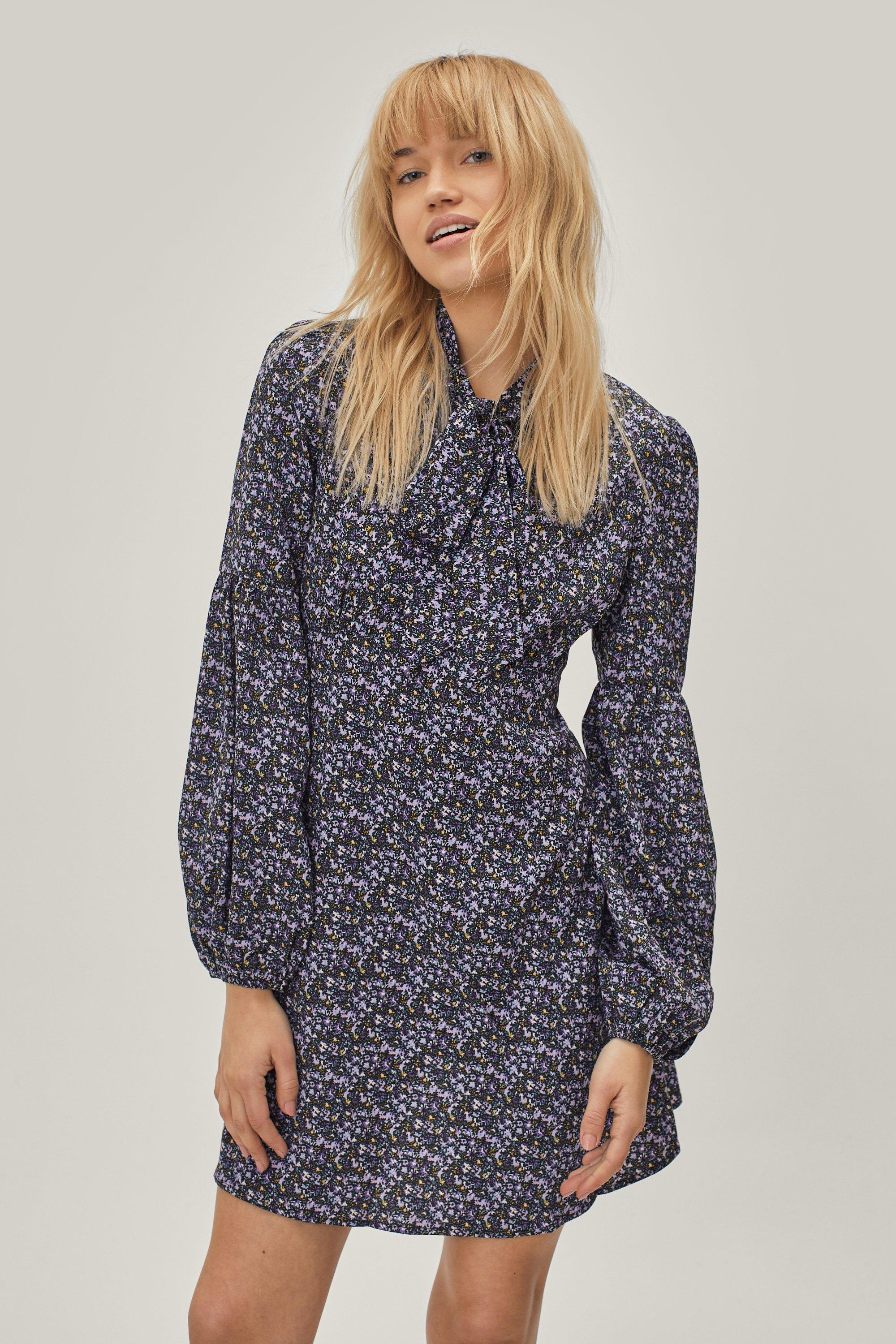 floral high neck long sleeve dress