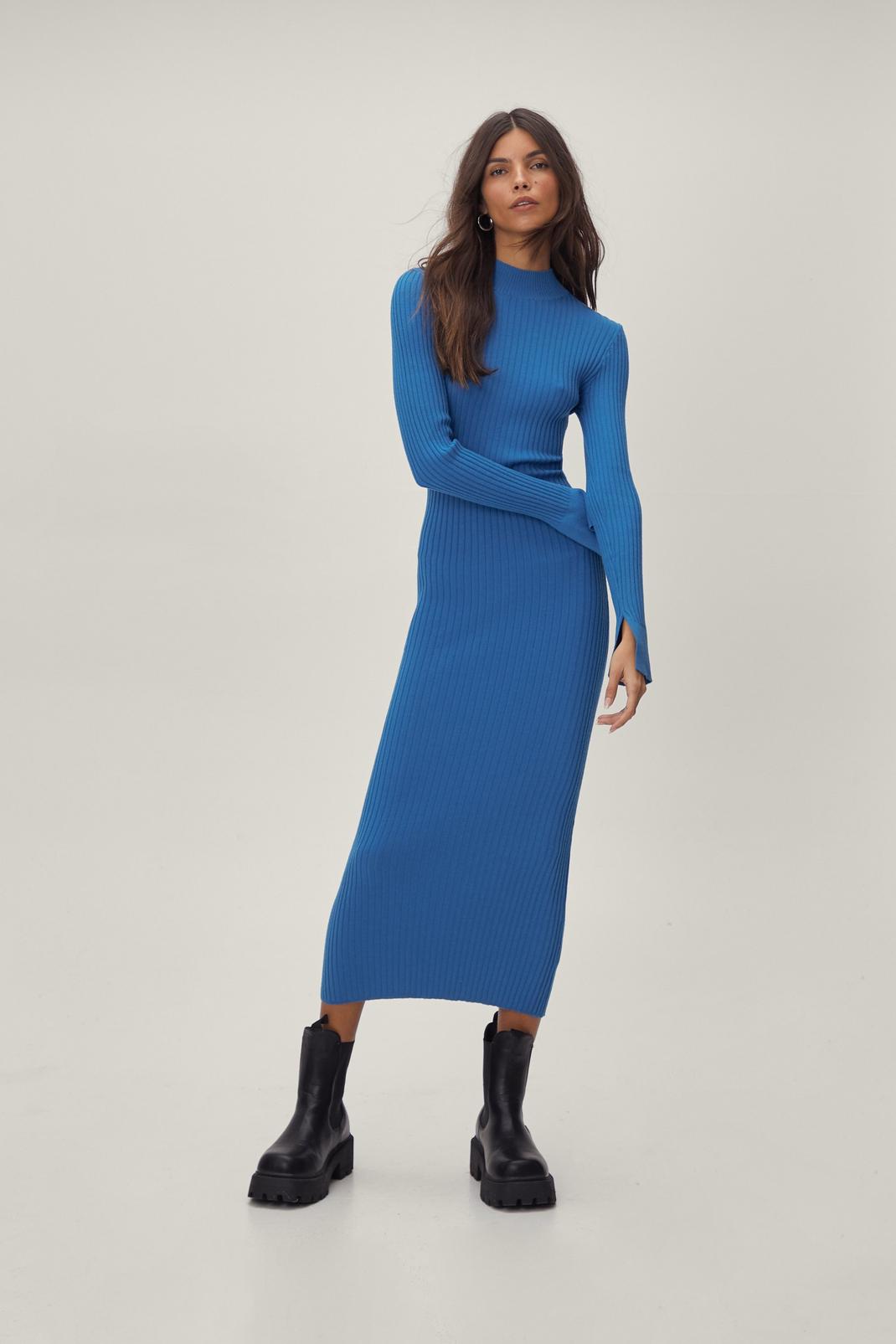 Aqua Knitted Ribbed Split Sleeve Midi Dress image number 1