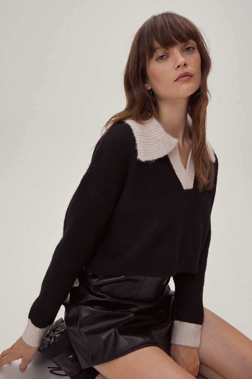 Black Contrast Collared Sweater image number 1