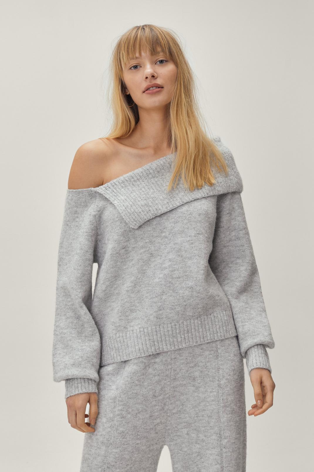 Grey Knitted Fold Over Long Sleeve Jumper  image number 1