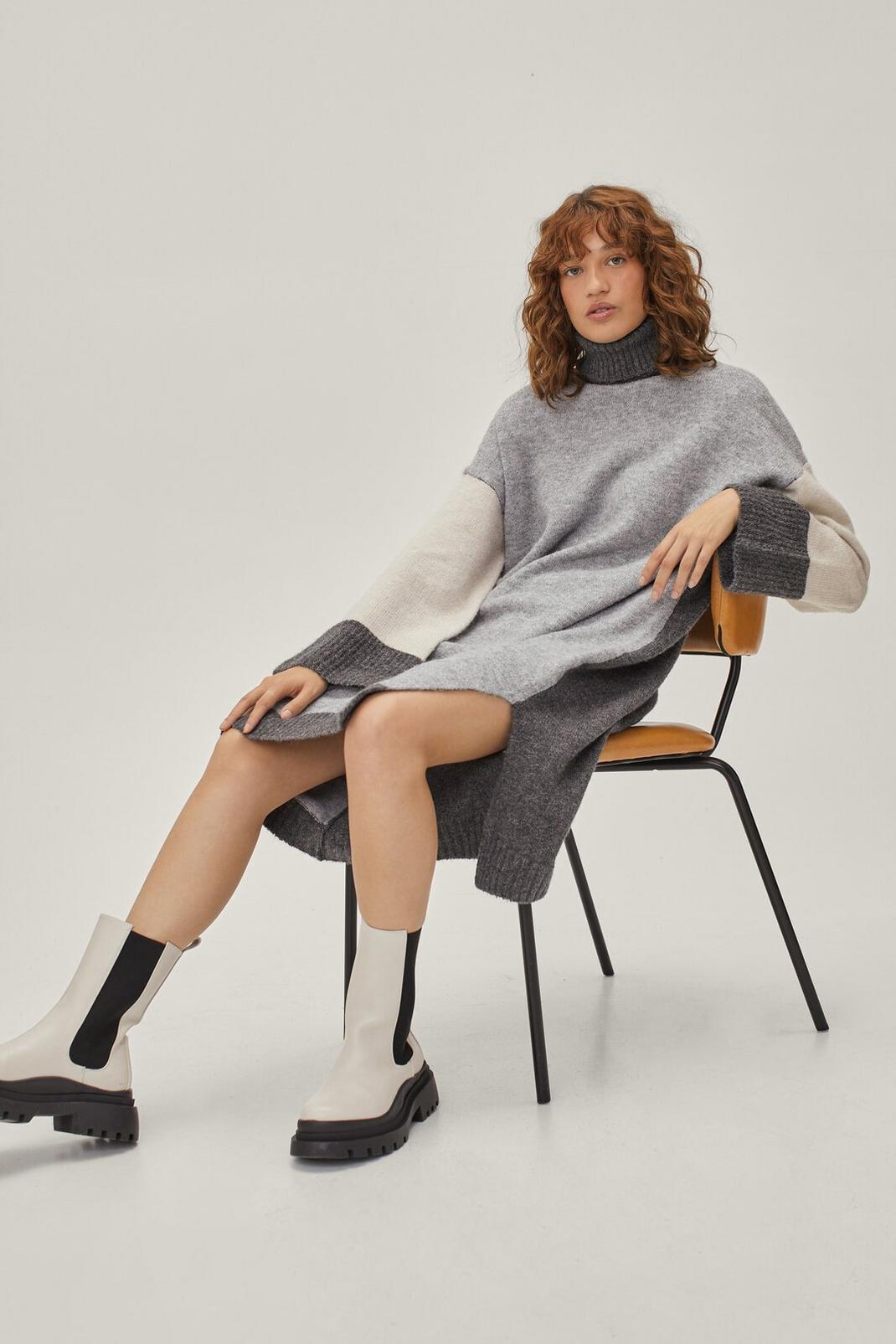 Colorblock Roll Neck Sweater Dress image number 1