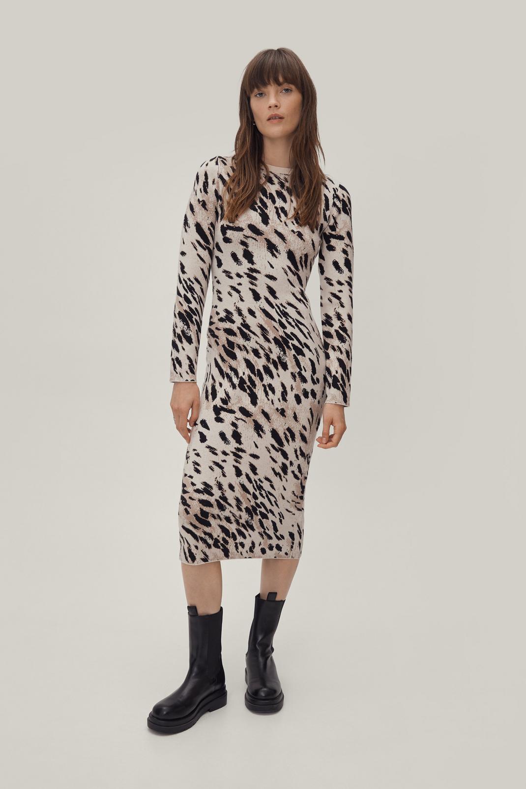 Beige Leopard Print Knitted Midi Dress image number 1