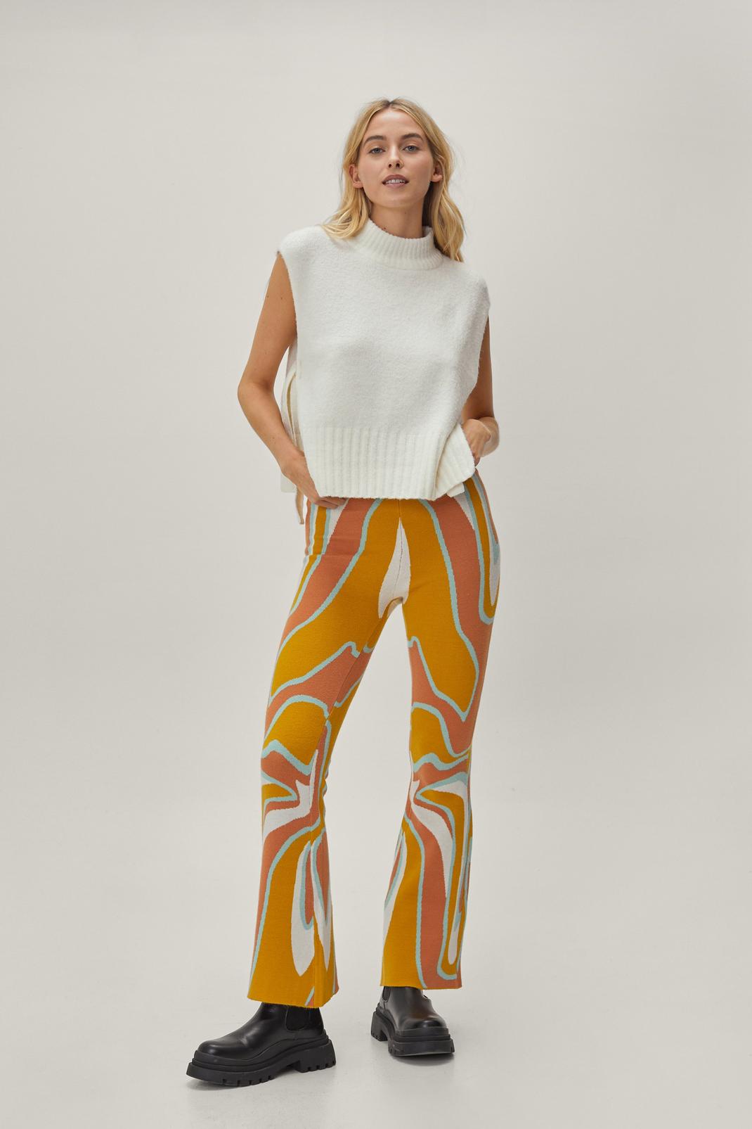 152 Marble Print High Waisted Flared Knitted Pants image number 2