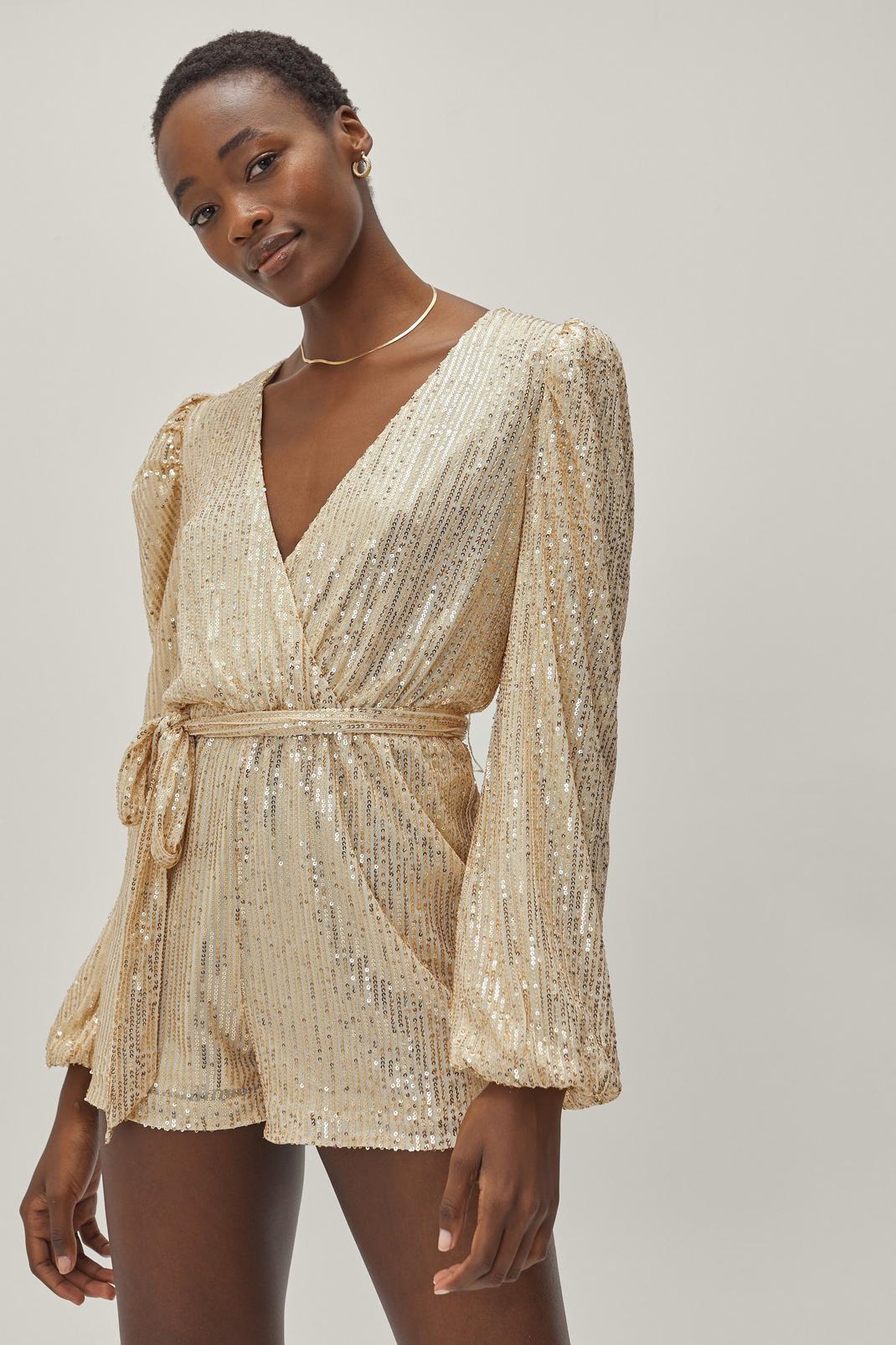 Gold Long Sleeve Wrap Sequin Mini Playsuit image number 1