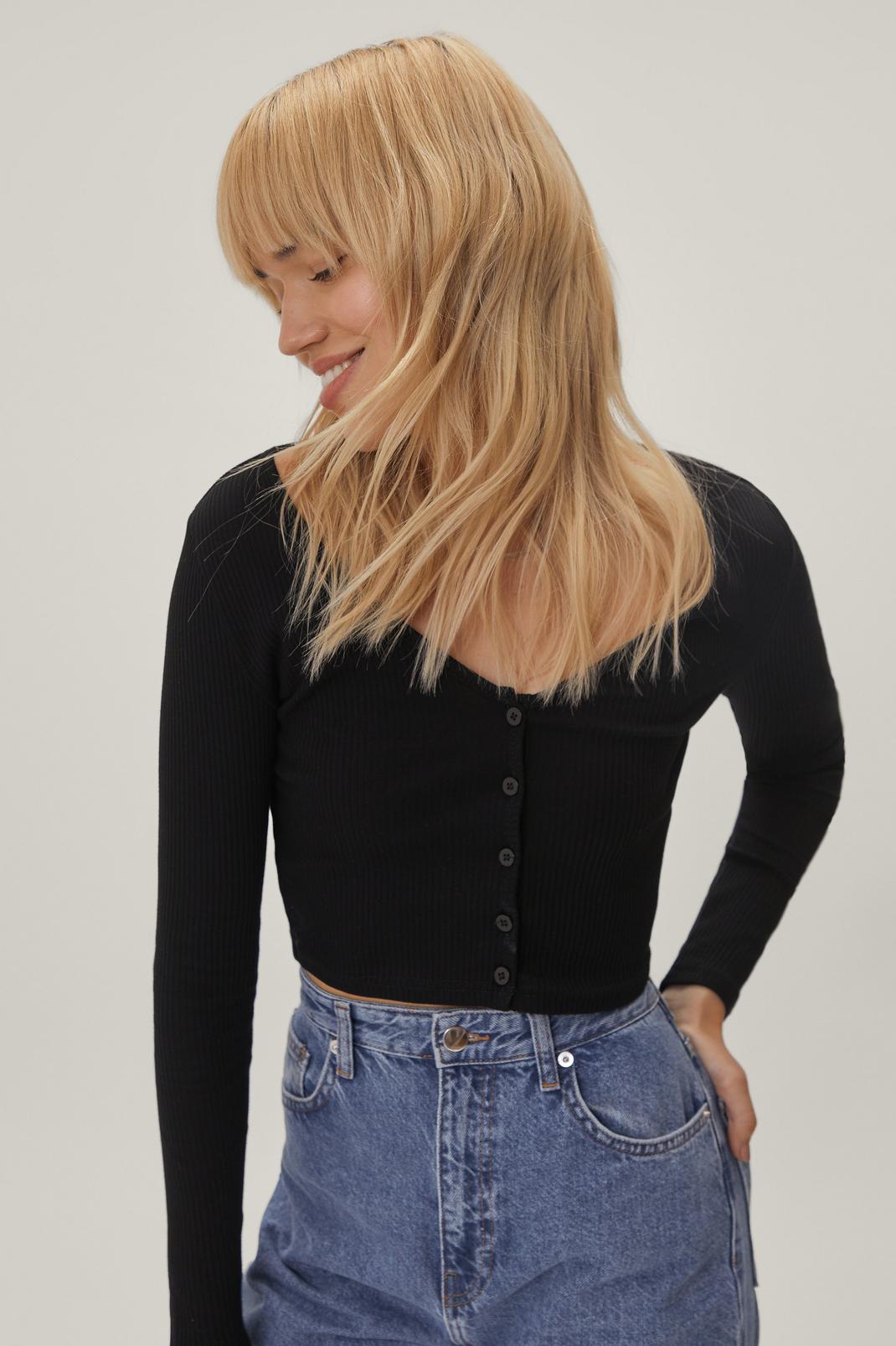 Black Button Down Long Sleeve Crop Top image number 1
