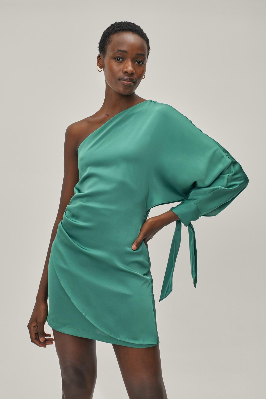 Green Asymmetric Draped Satin One Sleeve Mini Dress image number 1