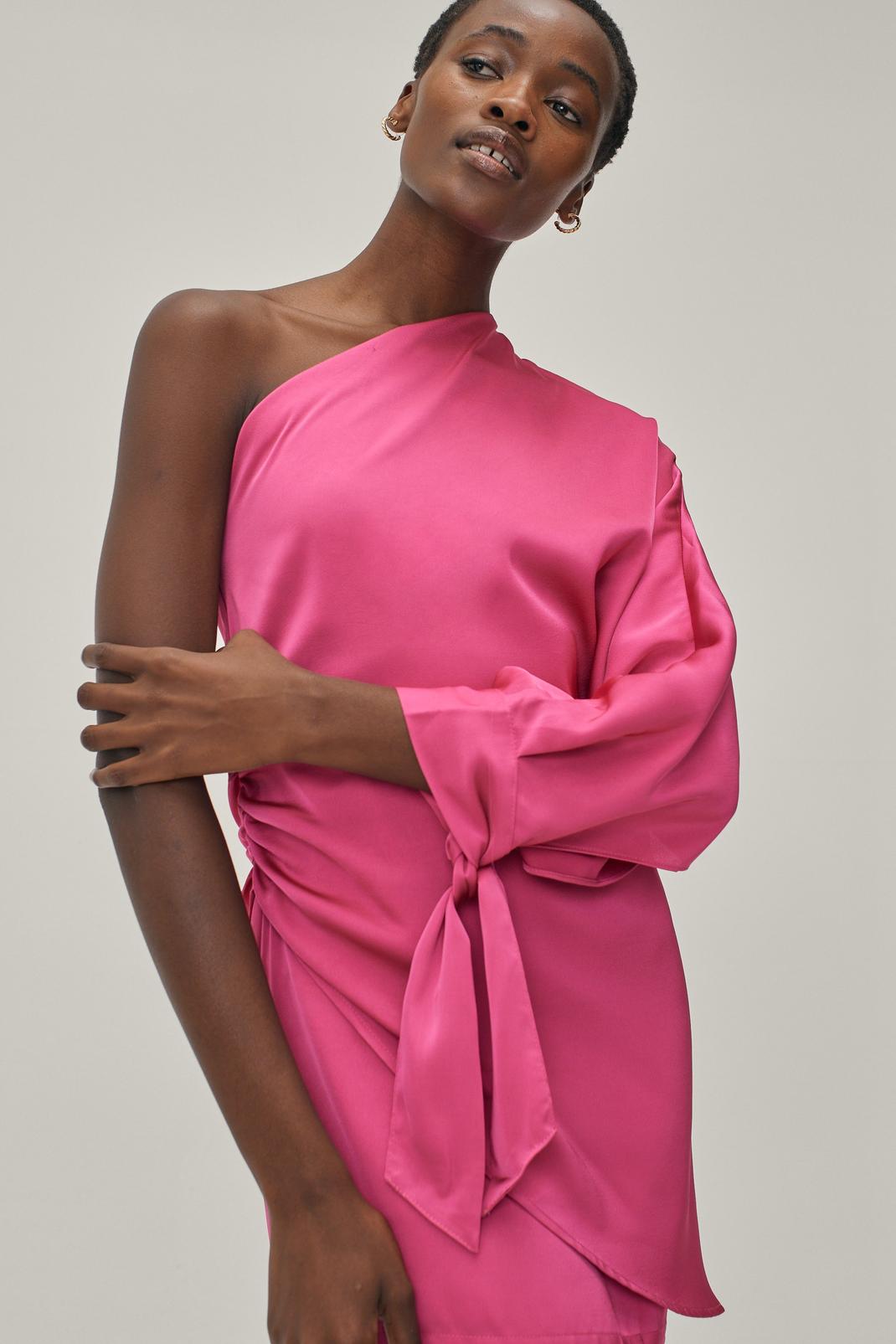 Hot pink Asymmetric Draped Satin One Sleeve Mini Dress image number 1