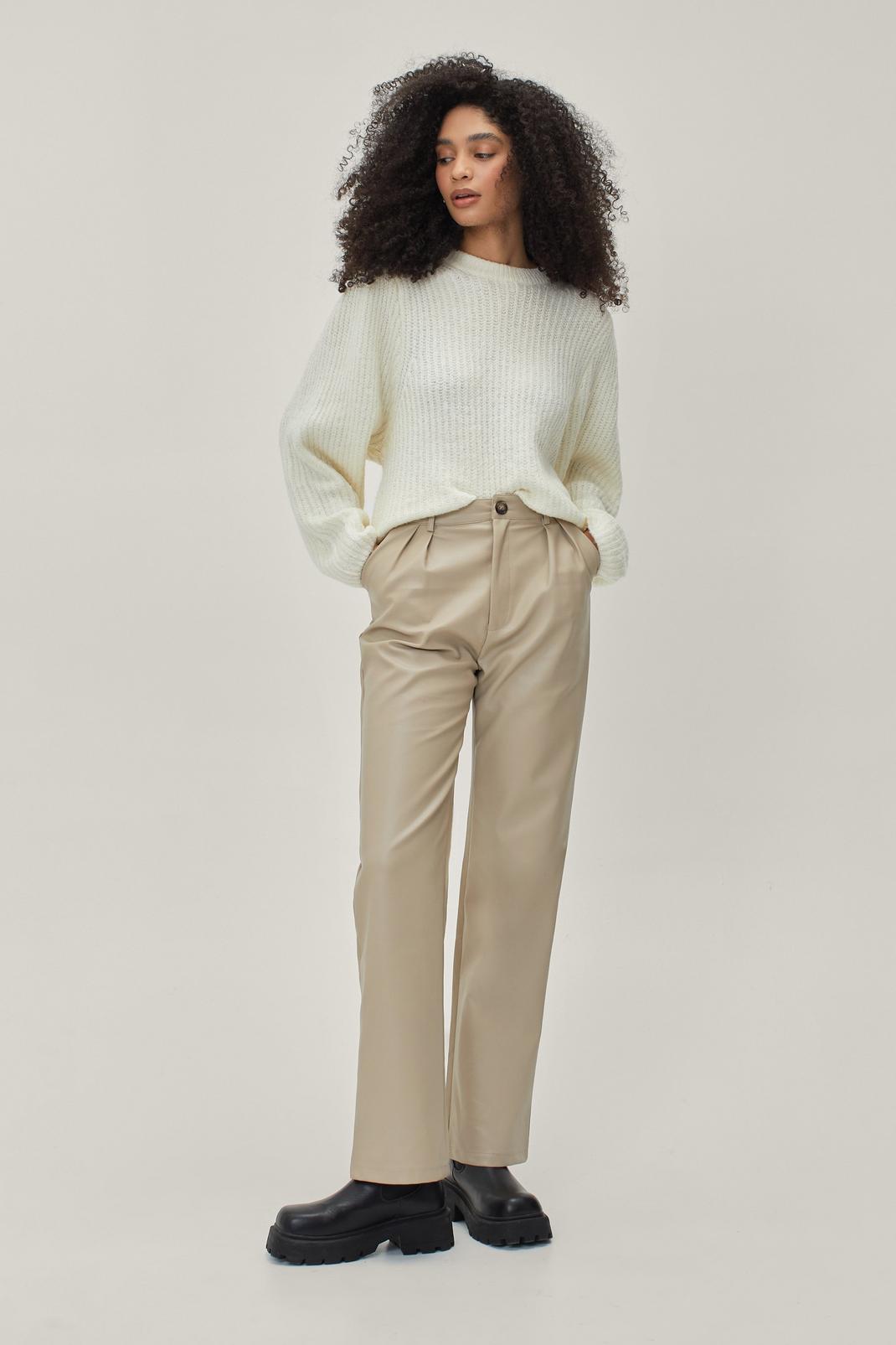 Taupe Faux Leather Straight Leg Tailored Pants image number 1