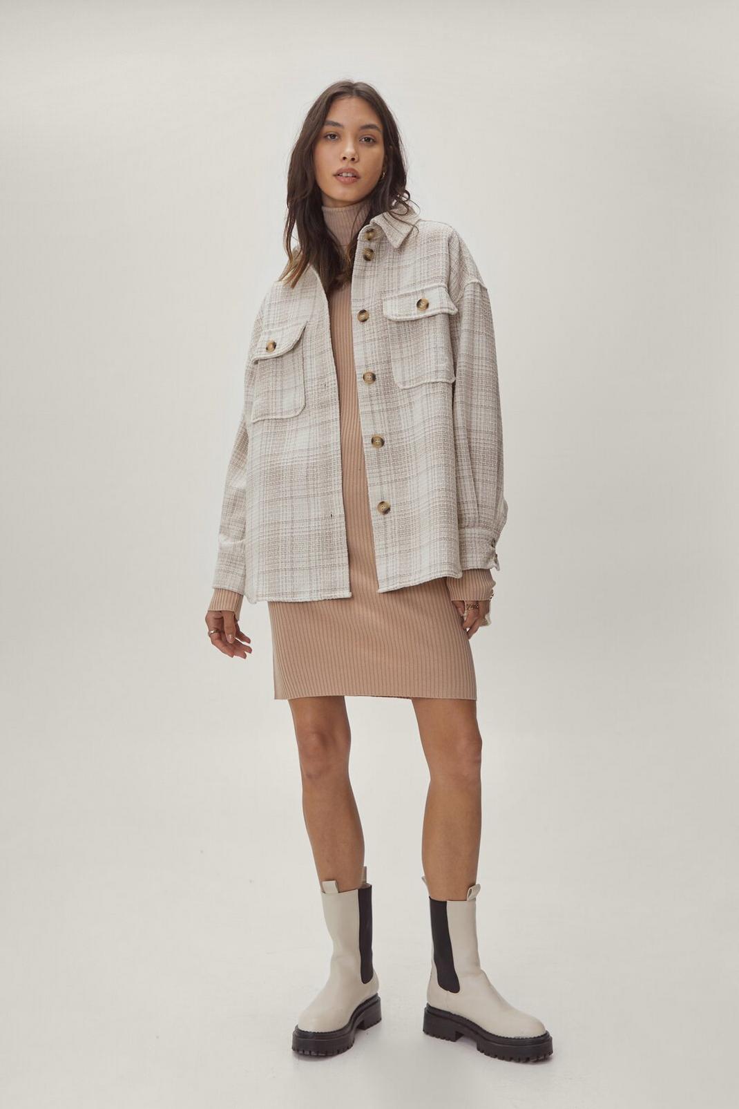 Beige Oversized Button Down Check Shacket image number 1